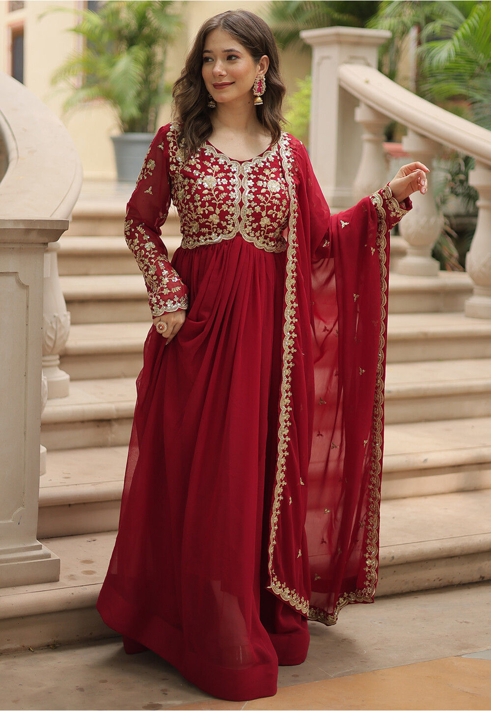 Embroidered Georgette Abaya Style Suit in Maroon