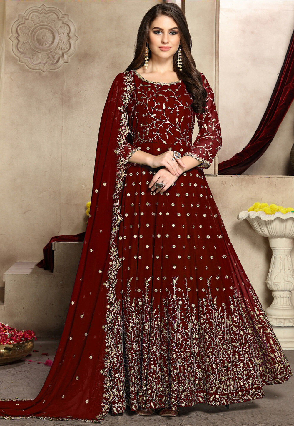 Embroidered georgette abaya shop style suit in maroon