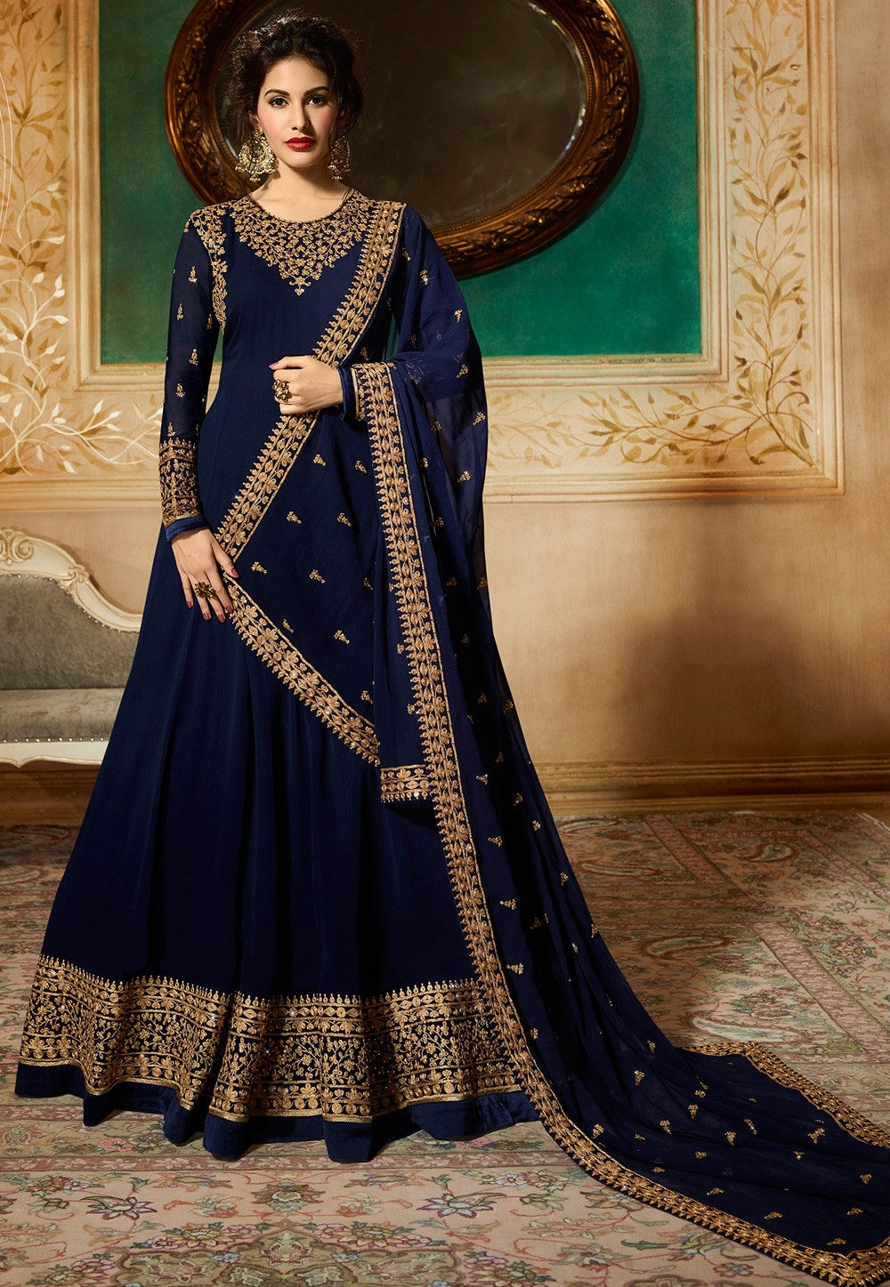 Embroidered Georgette Abaya Style Suit In Navy Blue Kch1946 