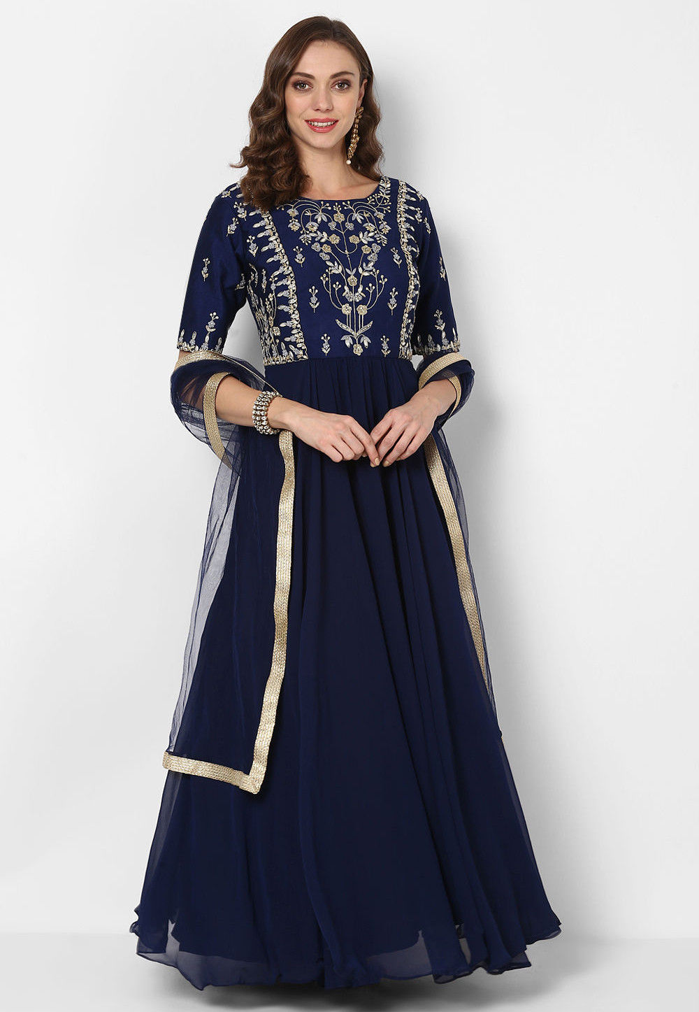 Embroidered Georgette Abaya Style Suit in Navy Blue : KMDF43