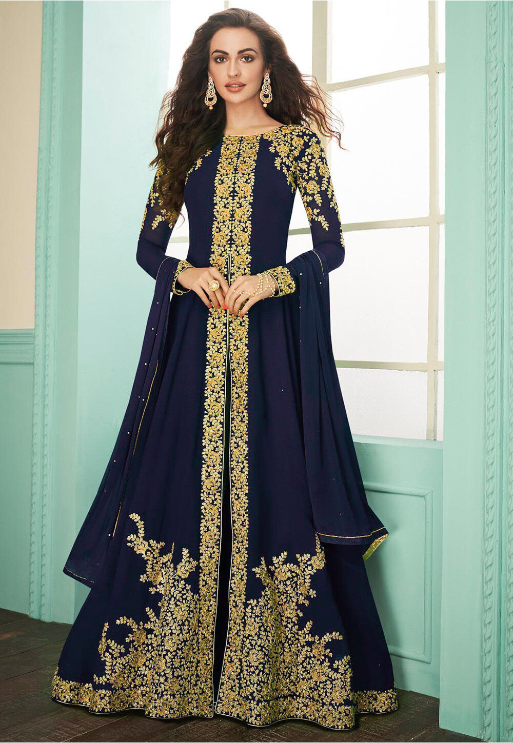 embroidered georgette abaya style suit in navy blue v1 kuf15169