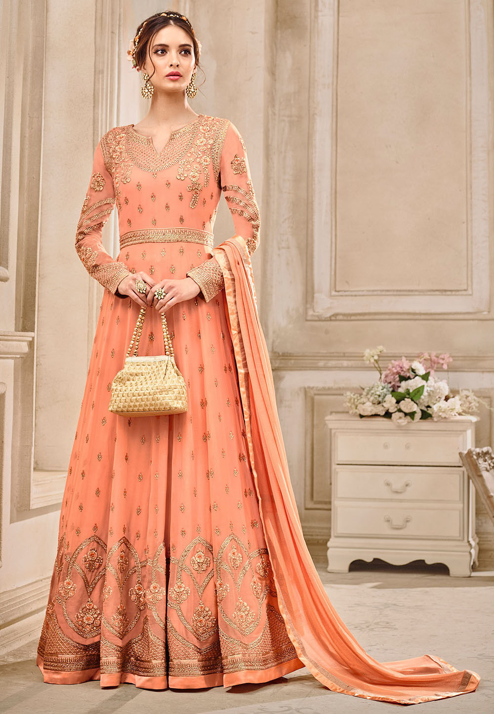 Buy Embroidered Georgette Abaya Style Suit in Peach Online KCH1018 Utsav Fashion