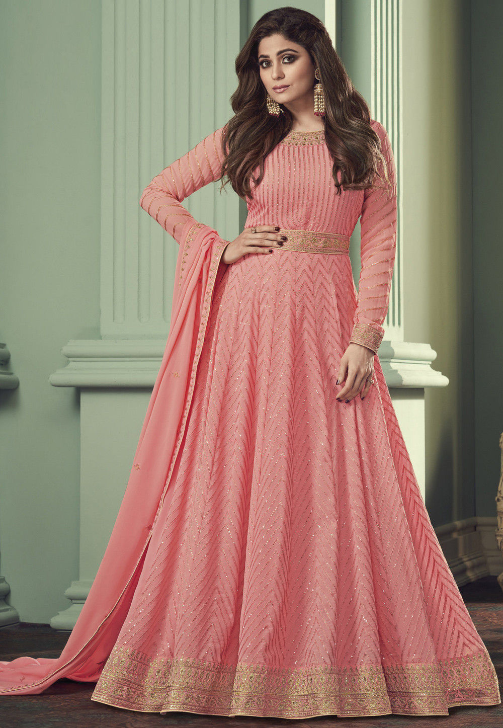 Embroidered Georgette Abaya Style Suit In Peach Kch7360 