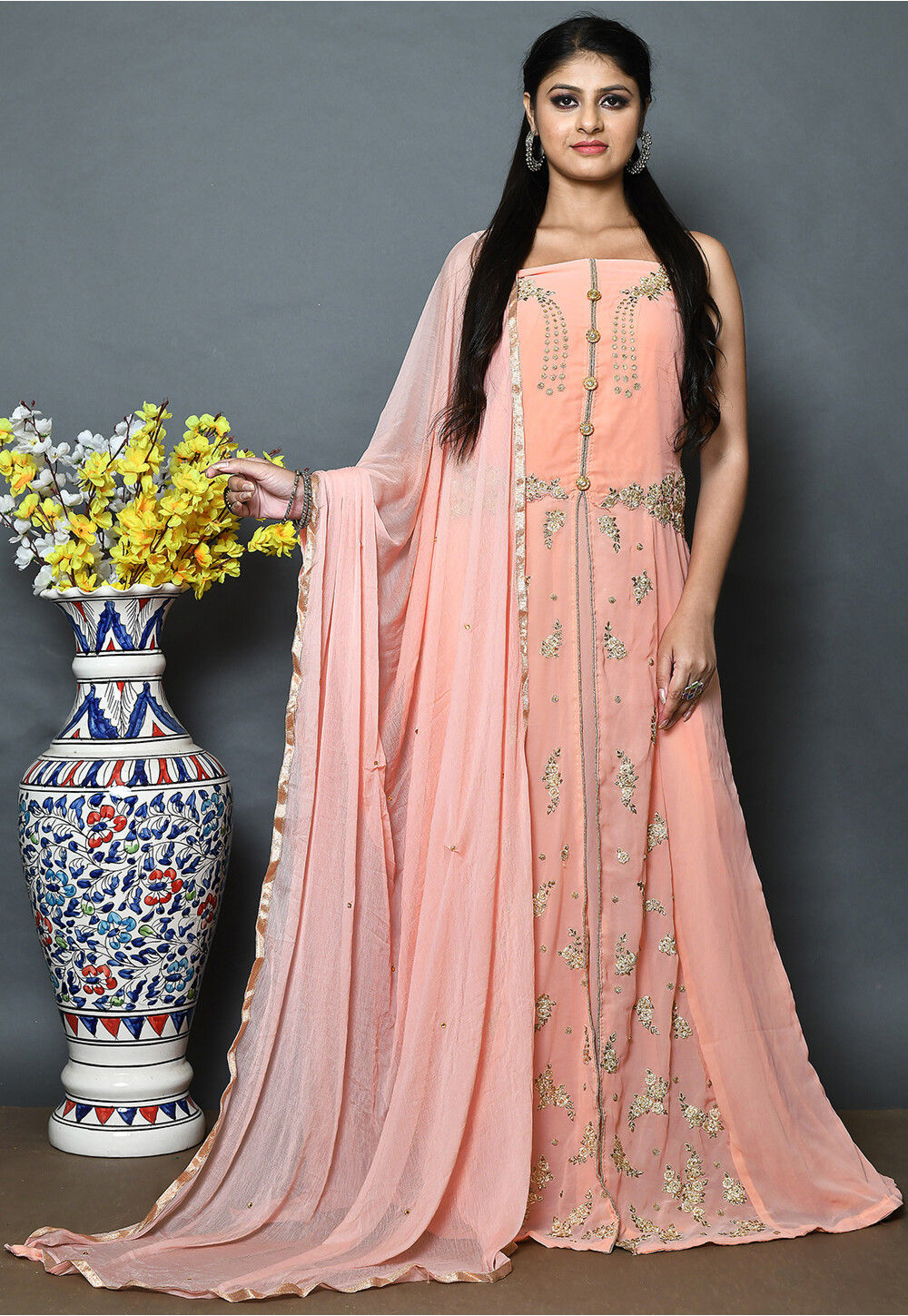 Embroidered Georgette Abaya Style Suit in Peach