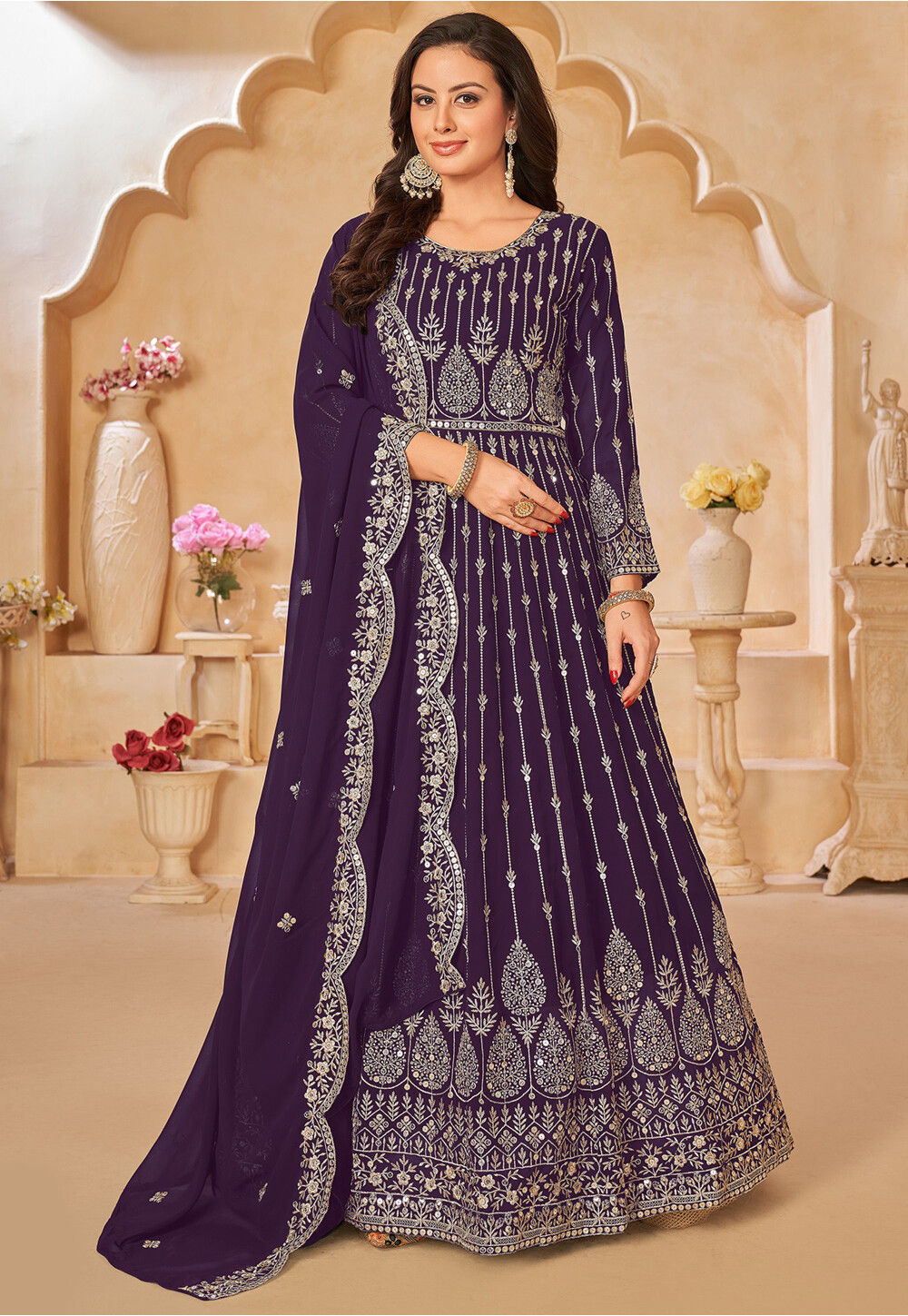 Embroidered Georgette Abaya Style Suit in Purple Salwar Kameez