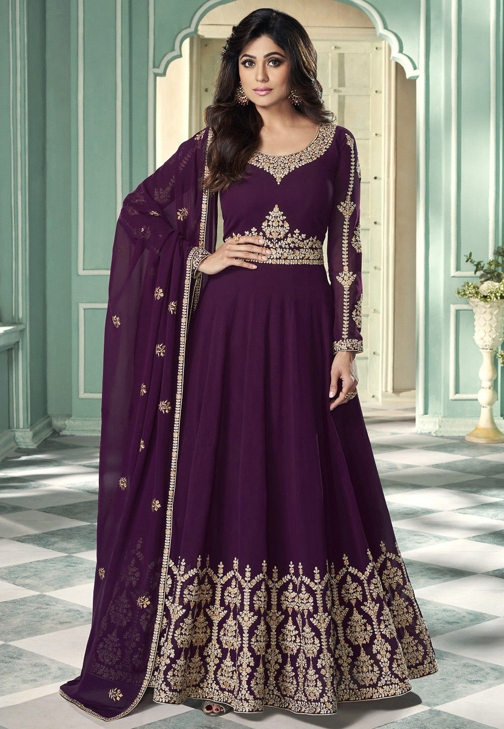 Embroidered Georgette Abaya Style Suit in Purple : KCH6329