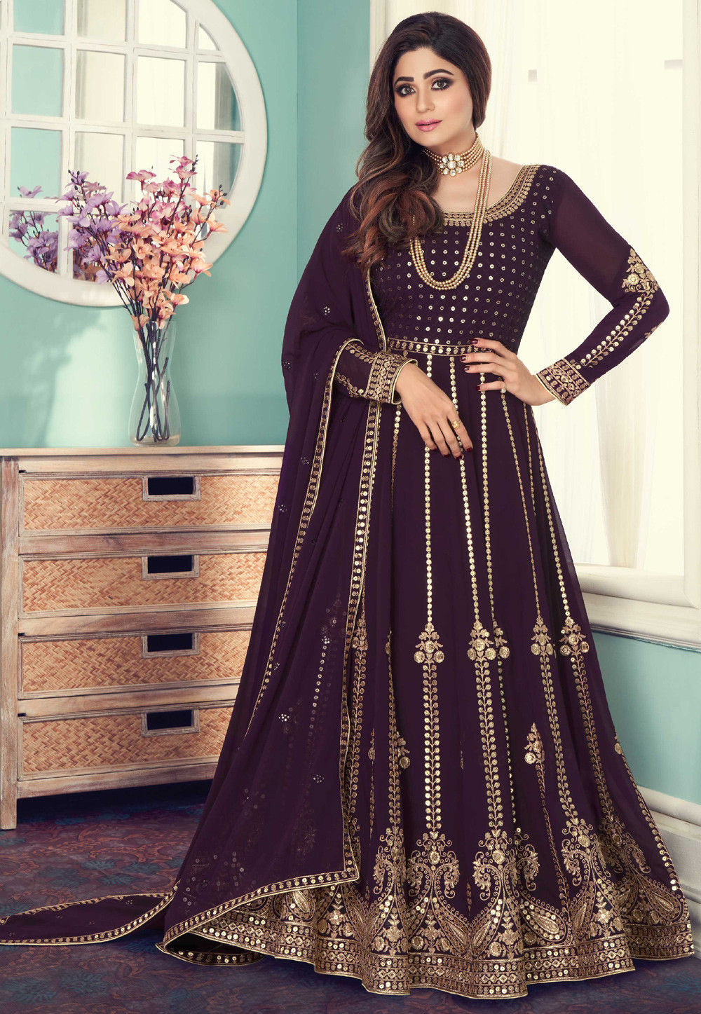 Buy Embroidered Georgette Abaya Style Suit in Purple Online : KCH7481 ...