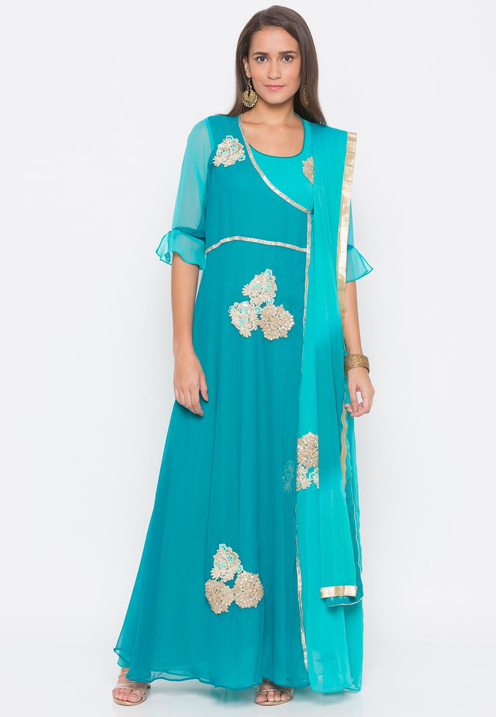 Embroidered Georgette Abaya Style Suit in Turquoise : KNF806