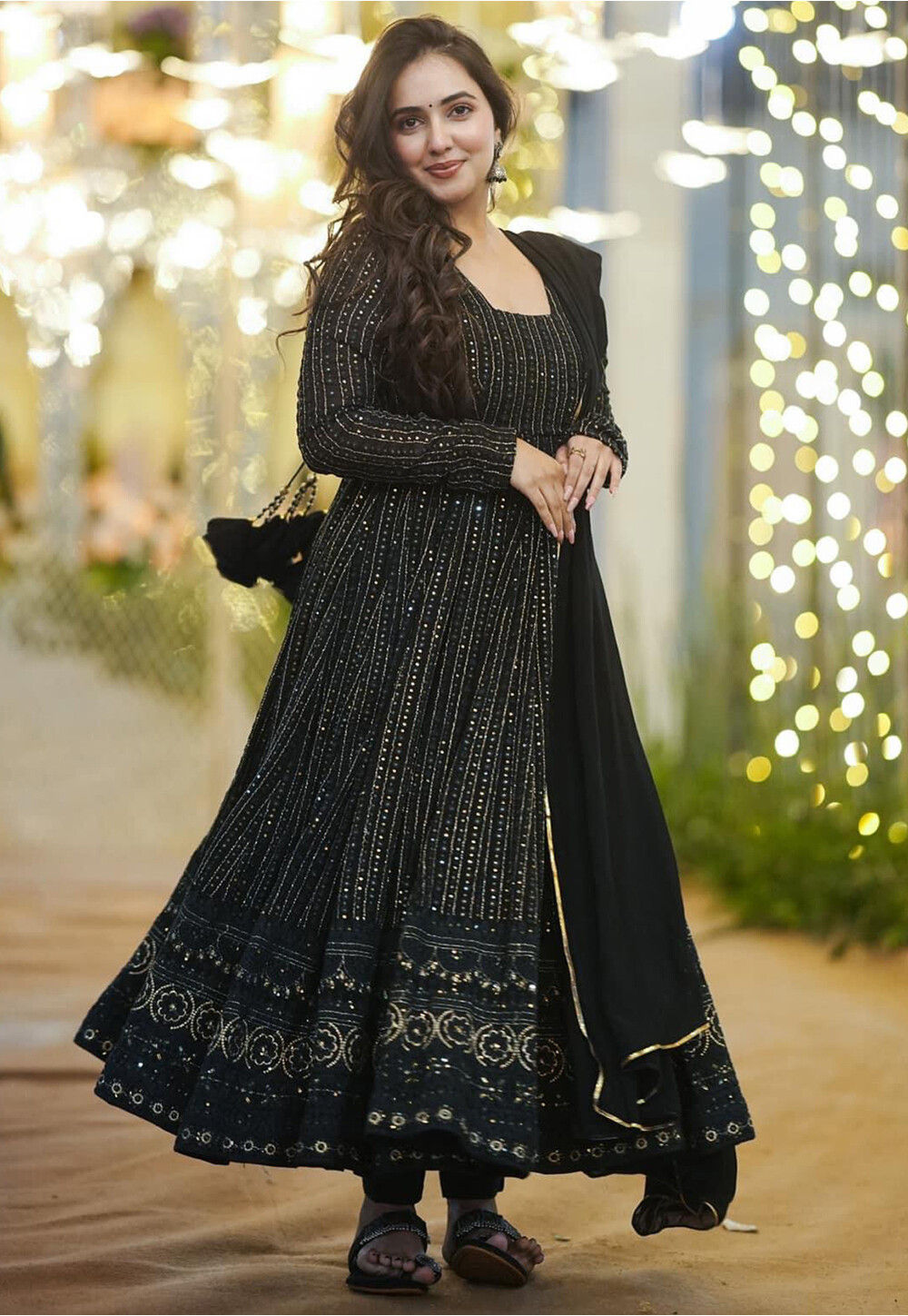 Embroidered Georgette Anarkali Suit in Black