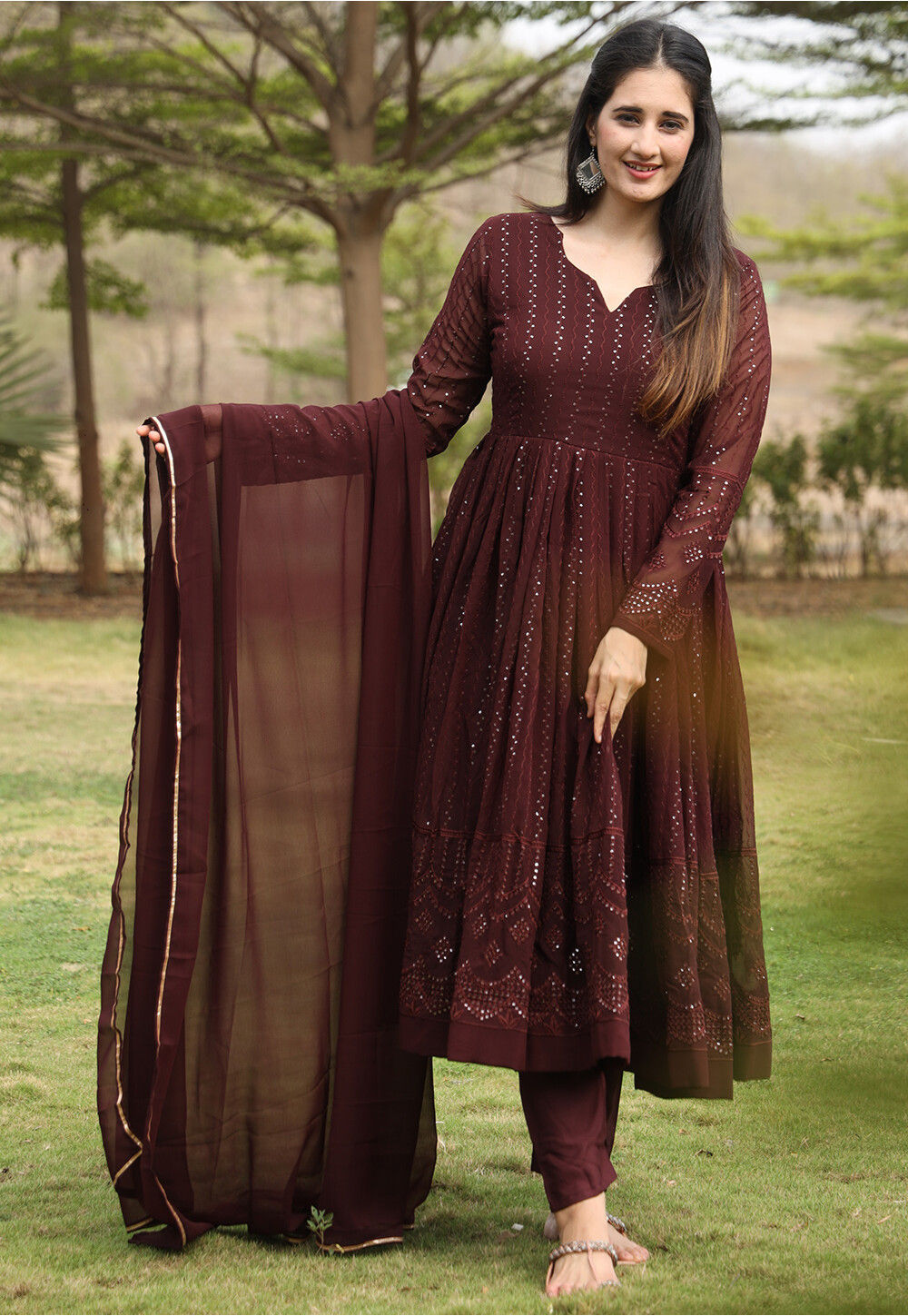 Buy Embroidered Georgette Anarkali Suit in Brown Online : KBN629 - Utsav  Fashion