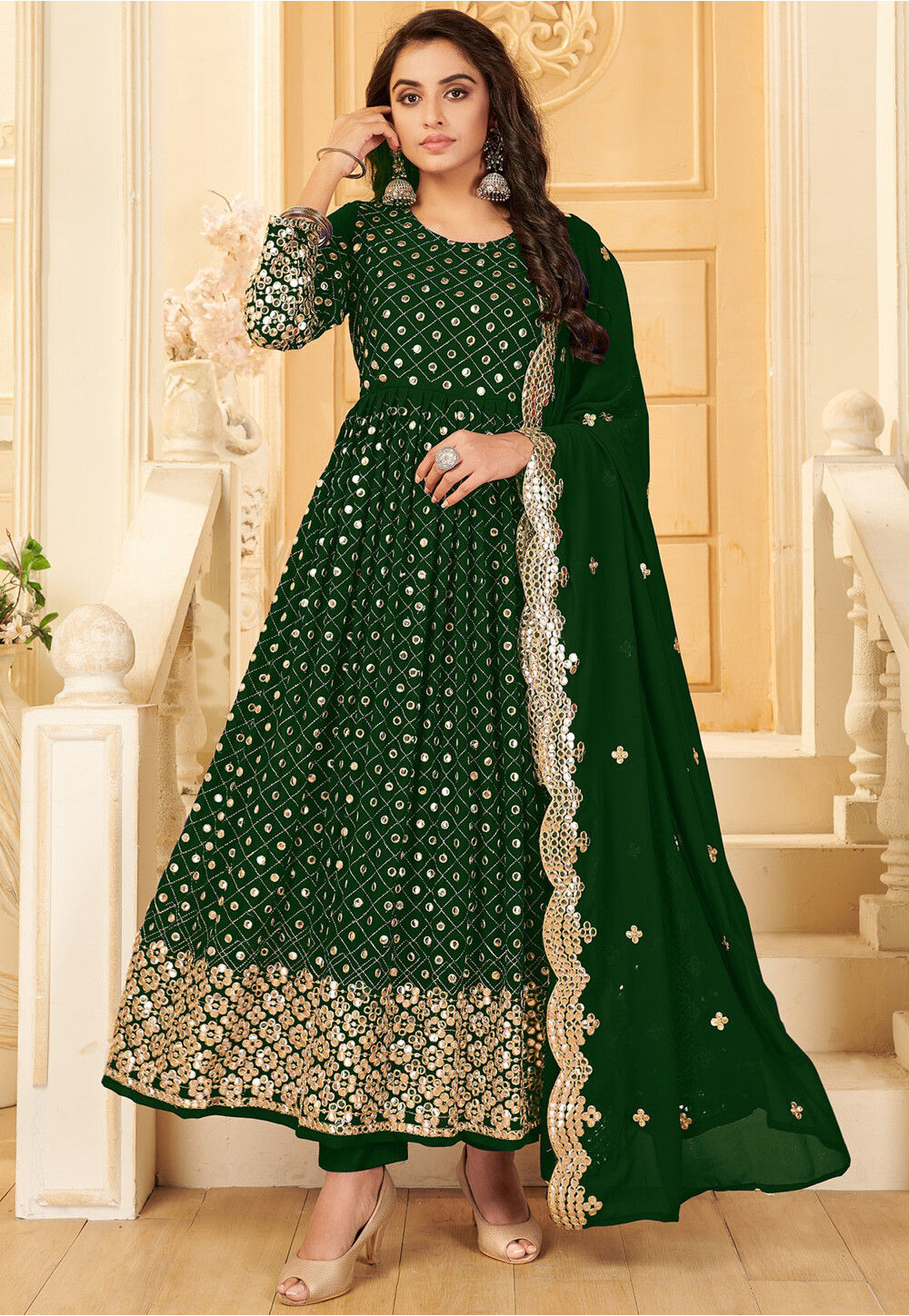 Dark Green Embroidered Anarkali Suit Set at Best Price in Jaipur | Keeyara  Exports