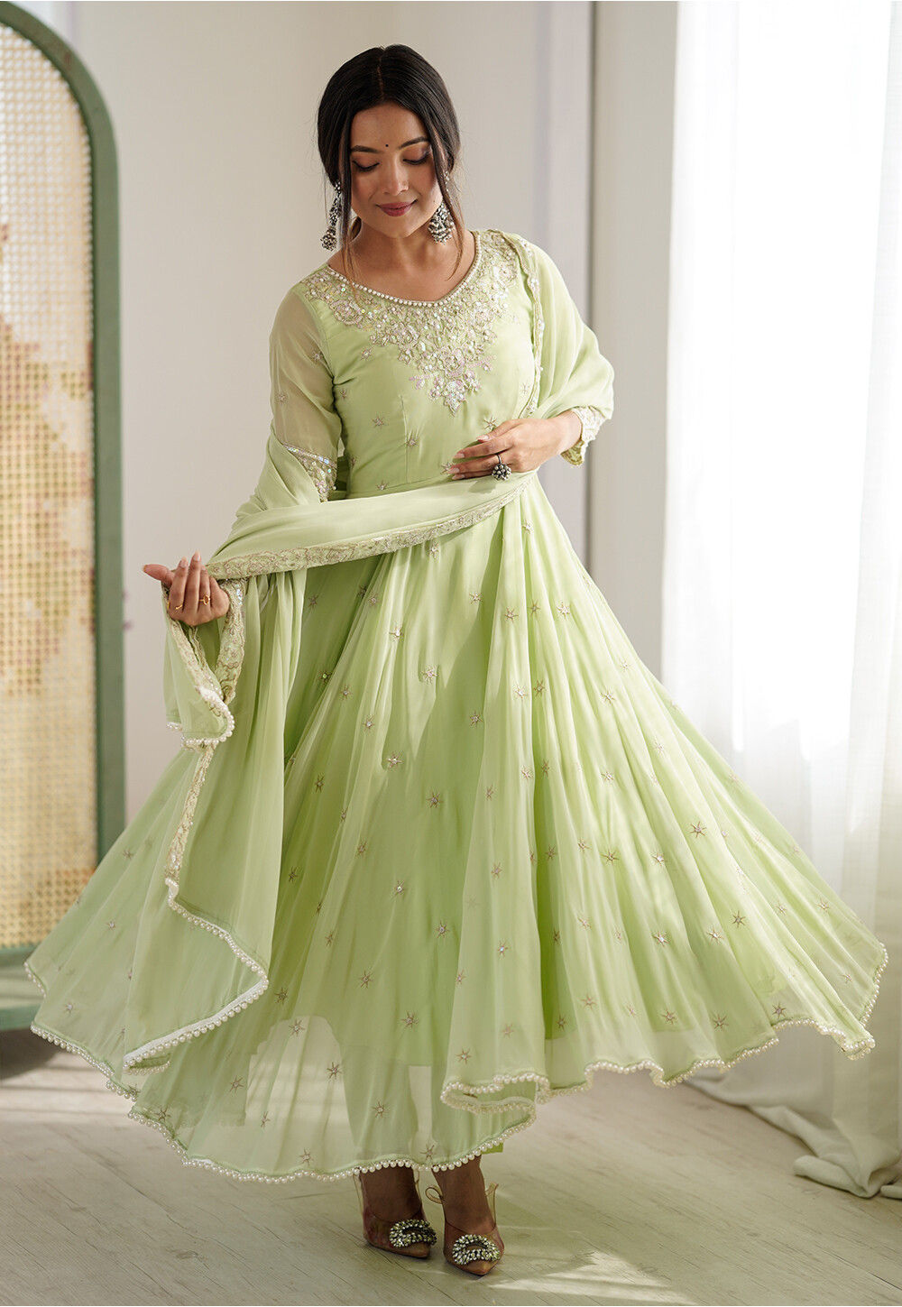 anarkali dress green colour Embroidered Georgette Suit in Light Champagne Bridesmaids Dresses