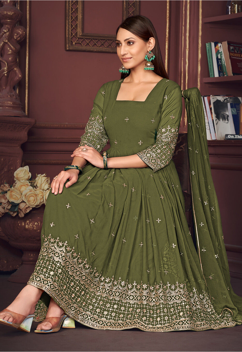 slim fit dress slacks Lemon Green Chinnon Embroidered Anarkali