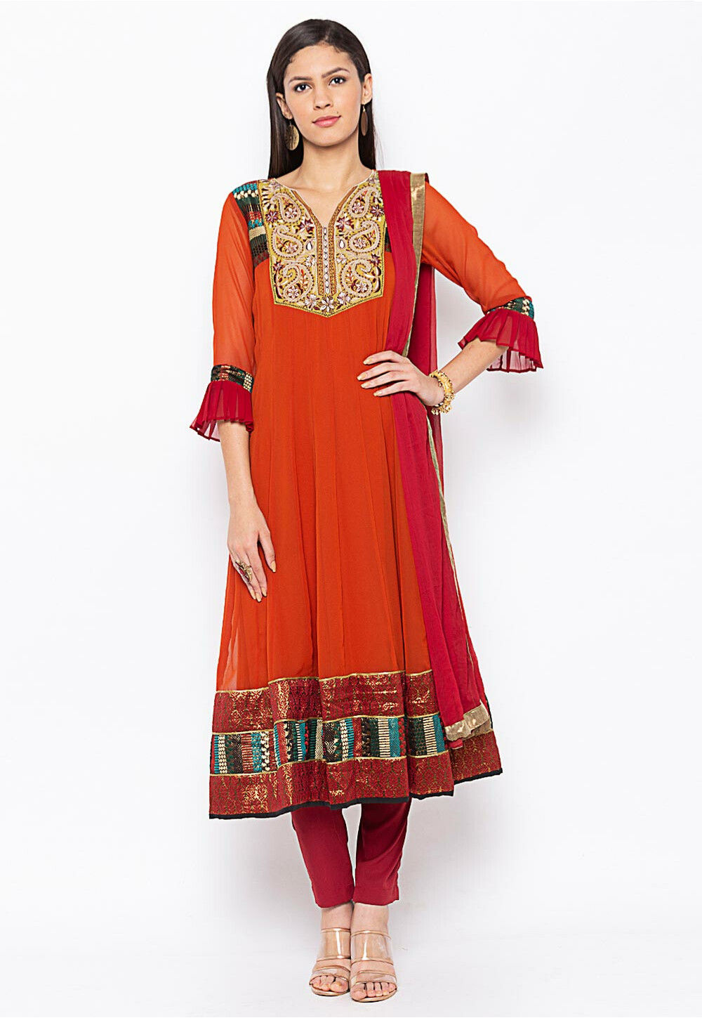 Buy Embroidered Georgette Anarkali Suit in Orange Online : KNF818 ...