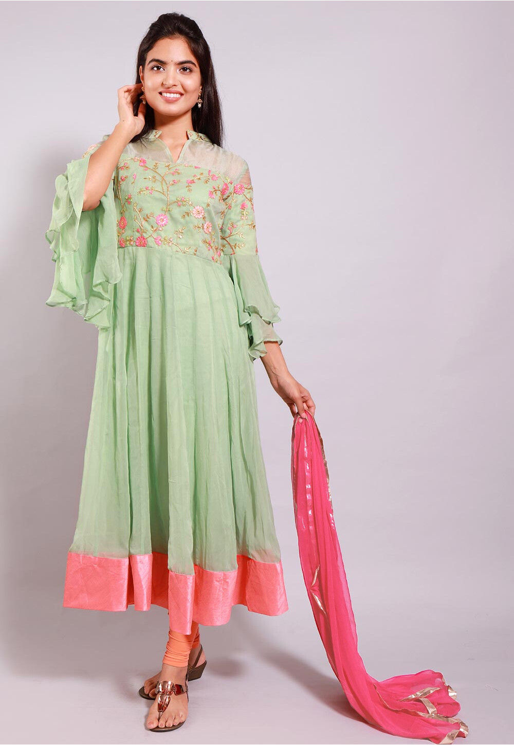 Pastel Green Designer Motifs Embellished Georgette Anarkali Suit main image 1