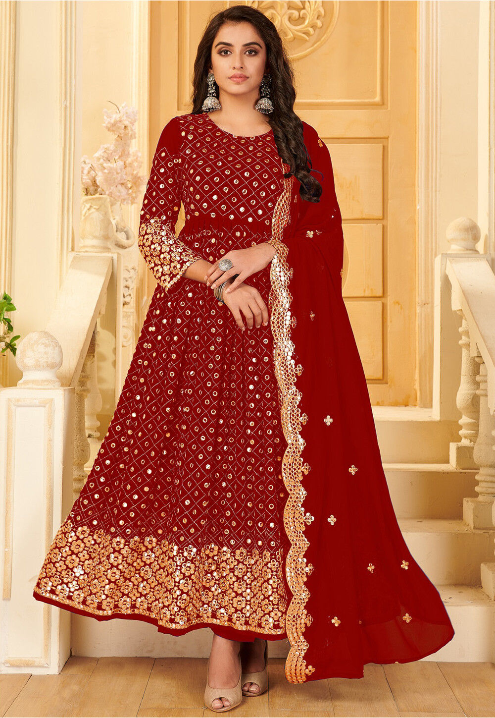 Buy Women's Red Heavy Thread Work Anarkali With Palazzo - Label Shaurya  Sandhya Online at Best Price | Trendia