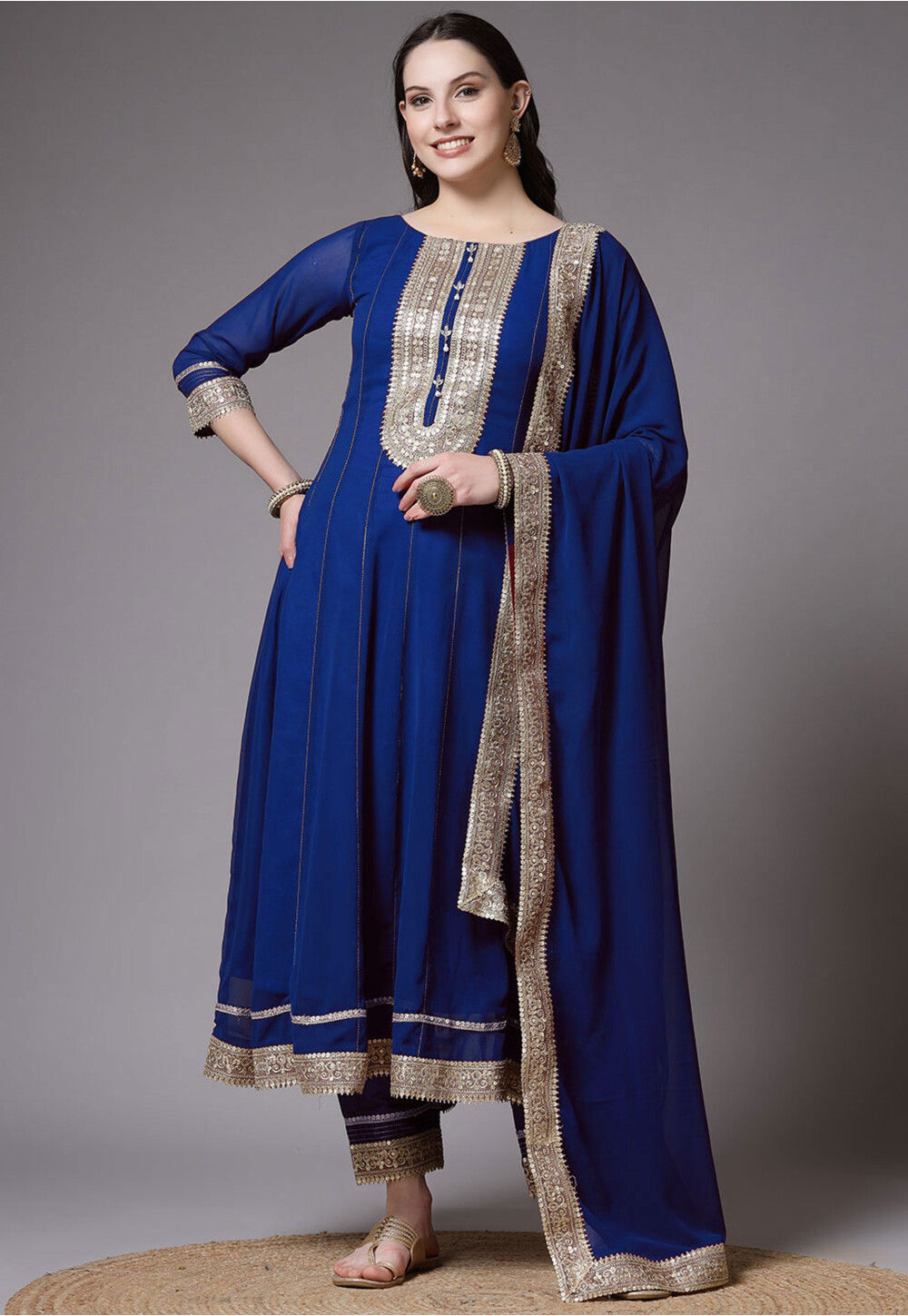 Royal Blue Real Georgette Embroidered Anarkali Suit