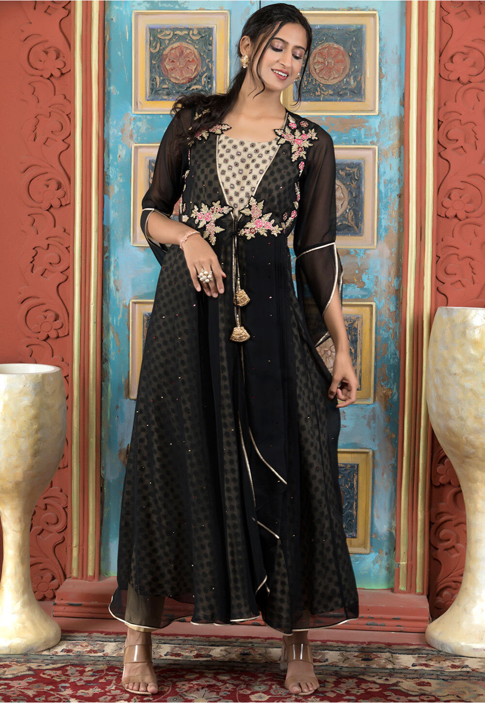 layered kurta dress Embroidered Georgette and Art Silk Set in Black USW512024MonDayA