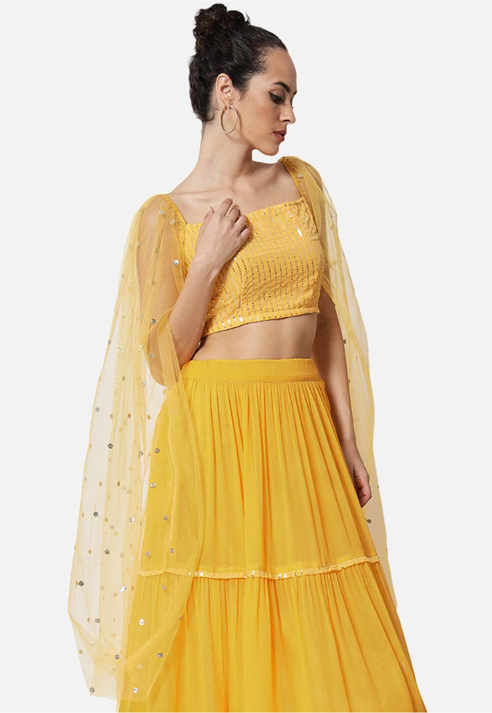 Embroidered Georgette and Net Crop Top in Yellow : TRB1897