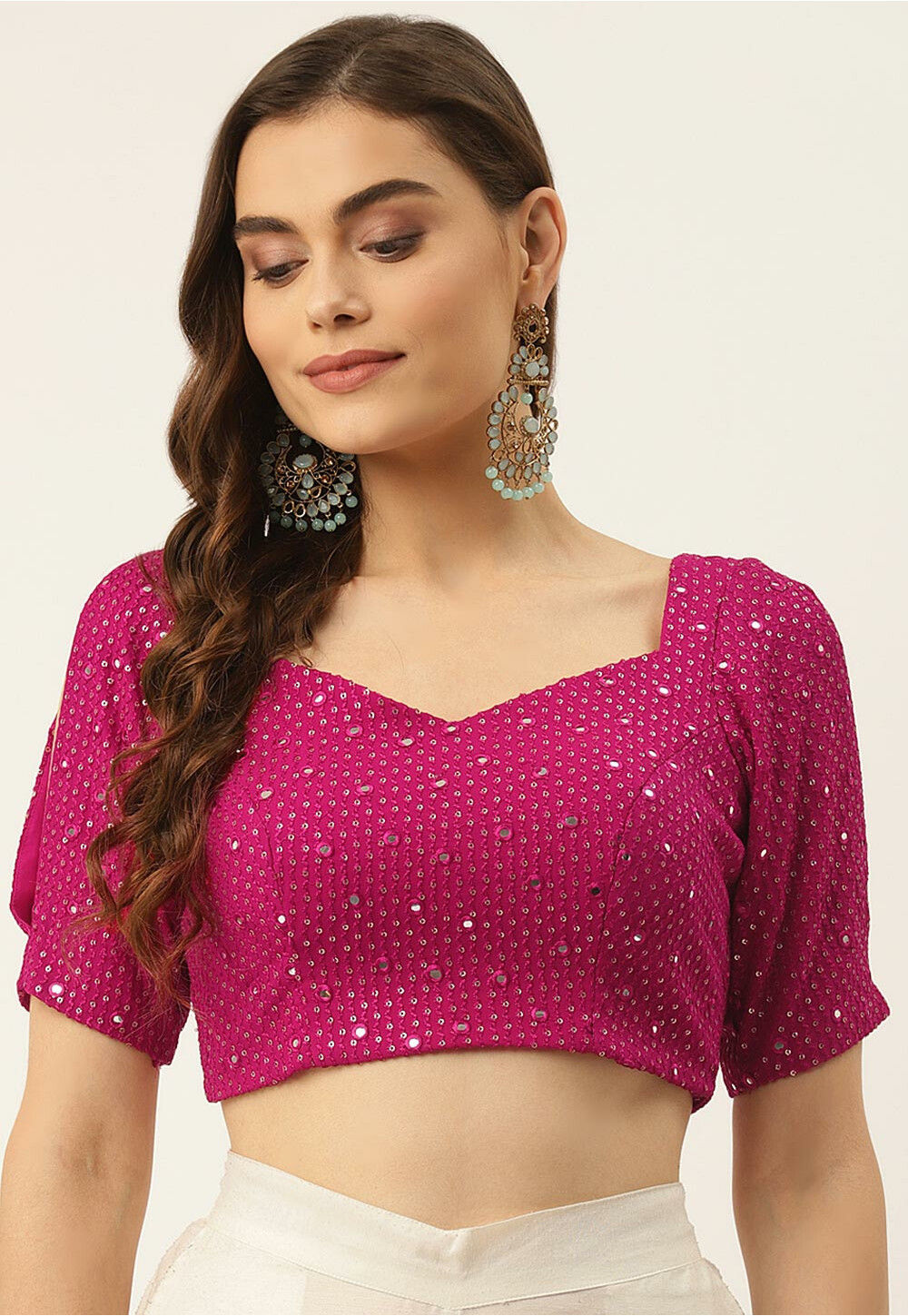 Embroidered Georgette Back Cut Out Blouse in Magenta : UKH106