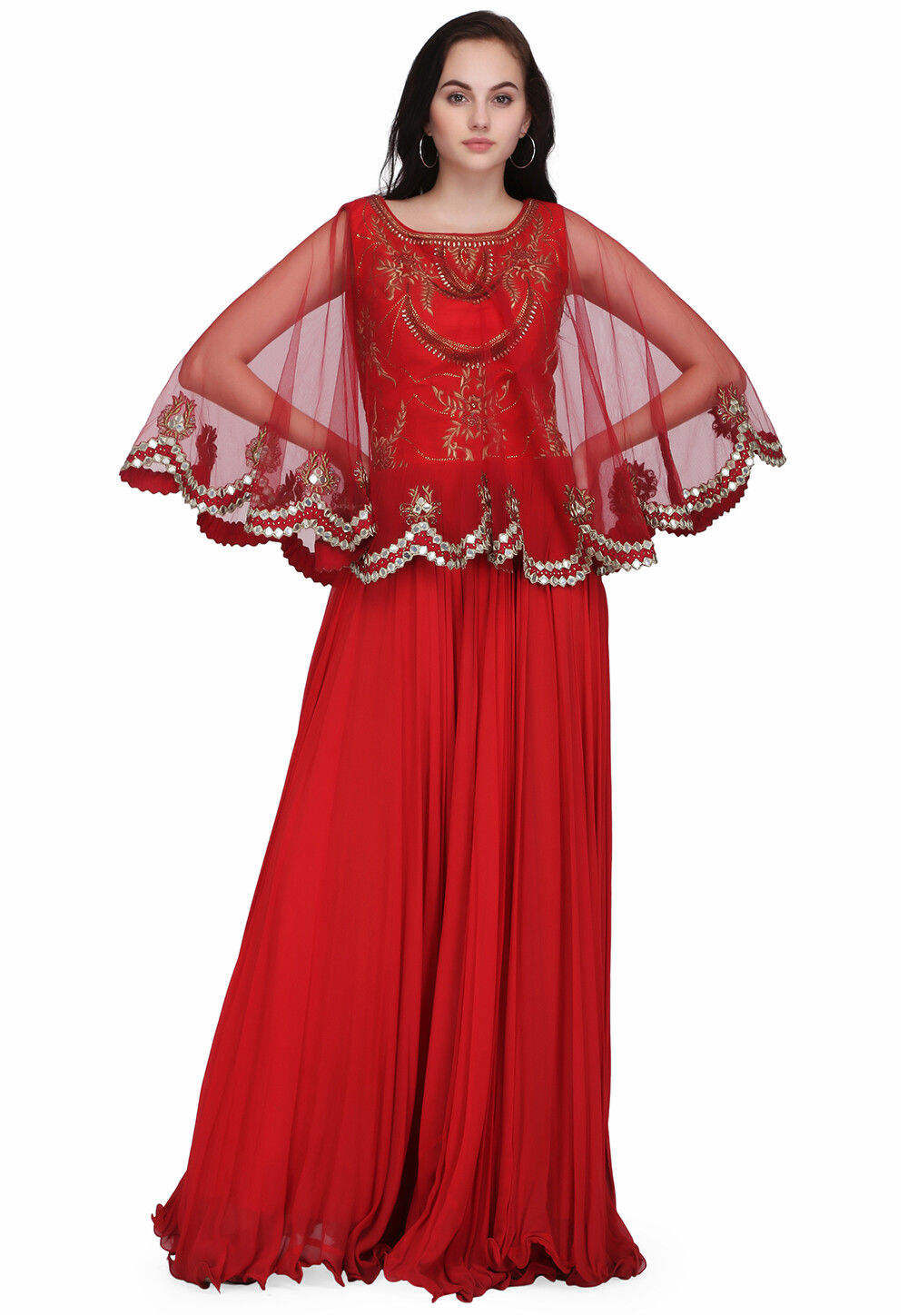 Buy Embroidered Georgette Cape Style Gown in Red Online TCU63 Utsav Fashion