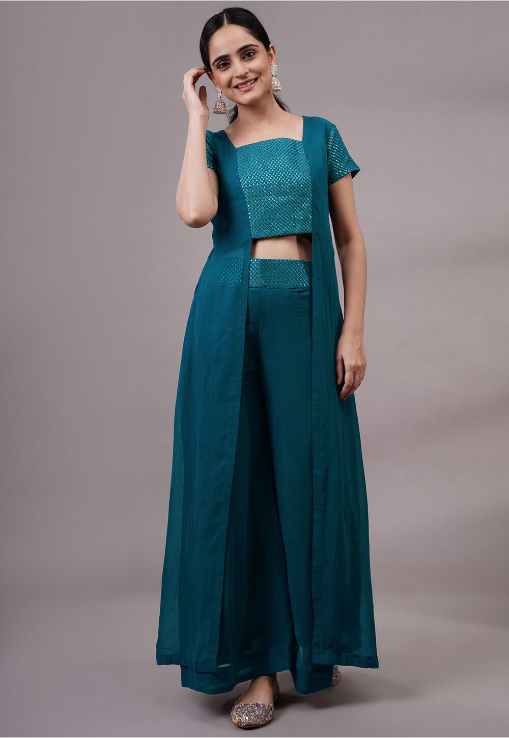 Buy Embroidered Georgette Co Ord Set in Teal Blue Online : TBN260 ...