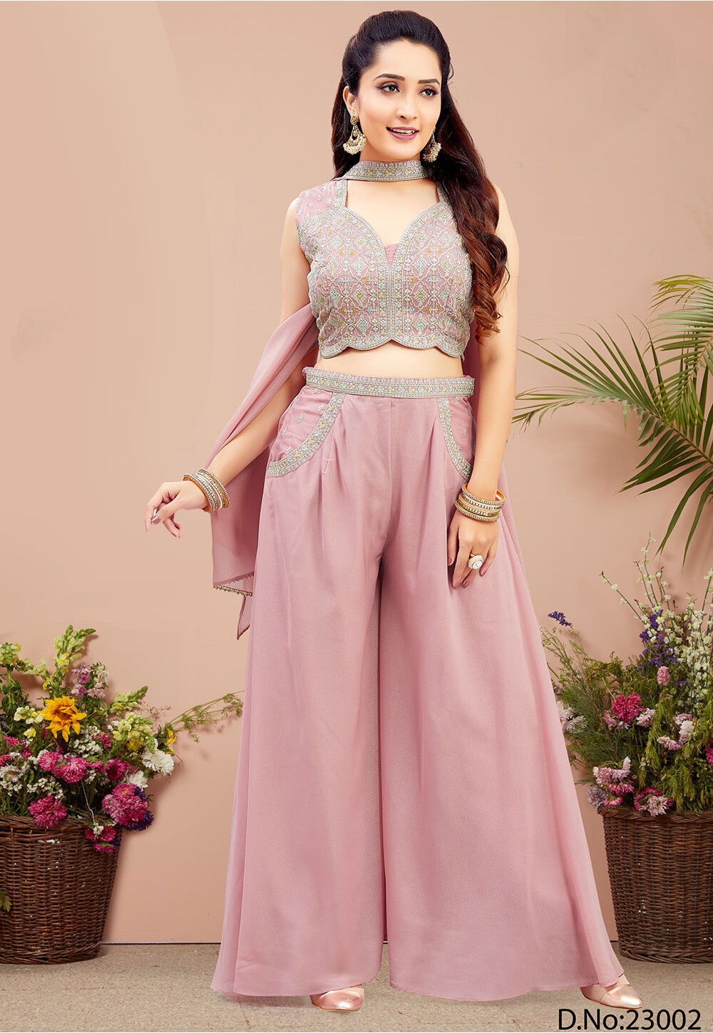 Buy Embroidered Georgette Crop Top Set in Pink Online : TKL493