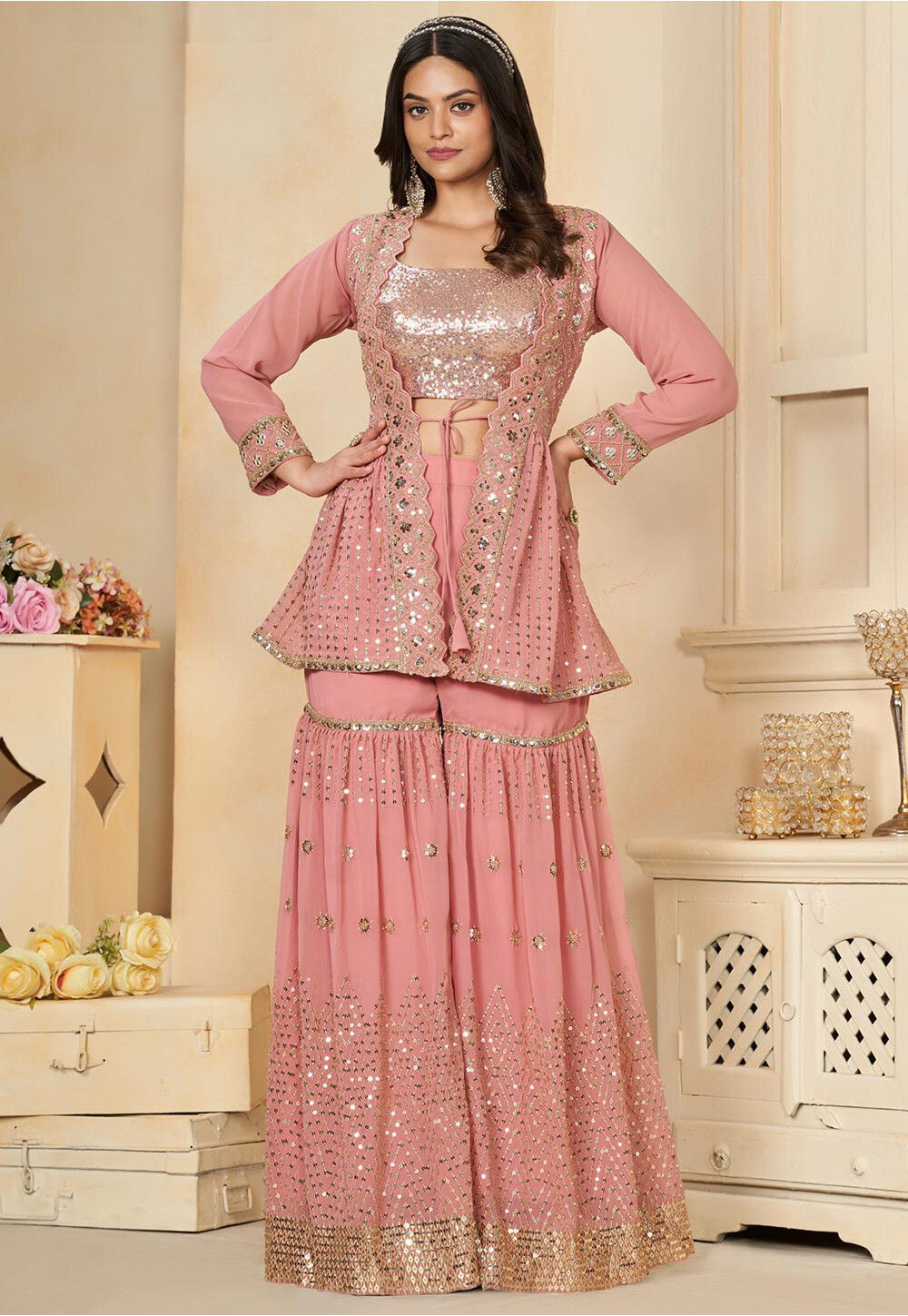 Buy Embroidered Georgette Crop Top Set with Jacket in Pink Online : TCH340  - Utsav Fashion