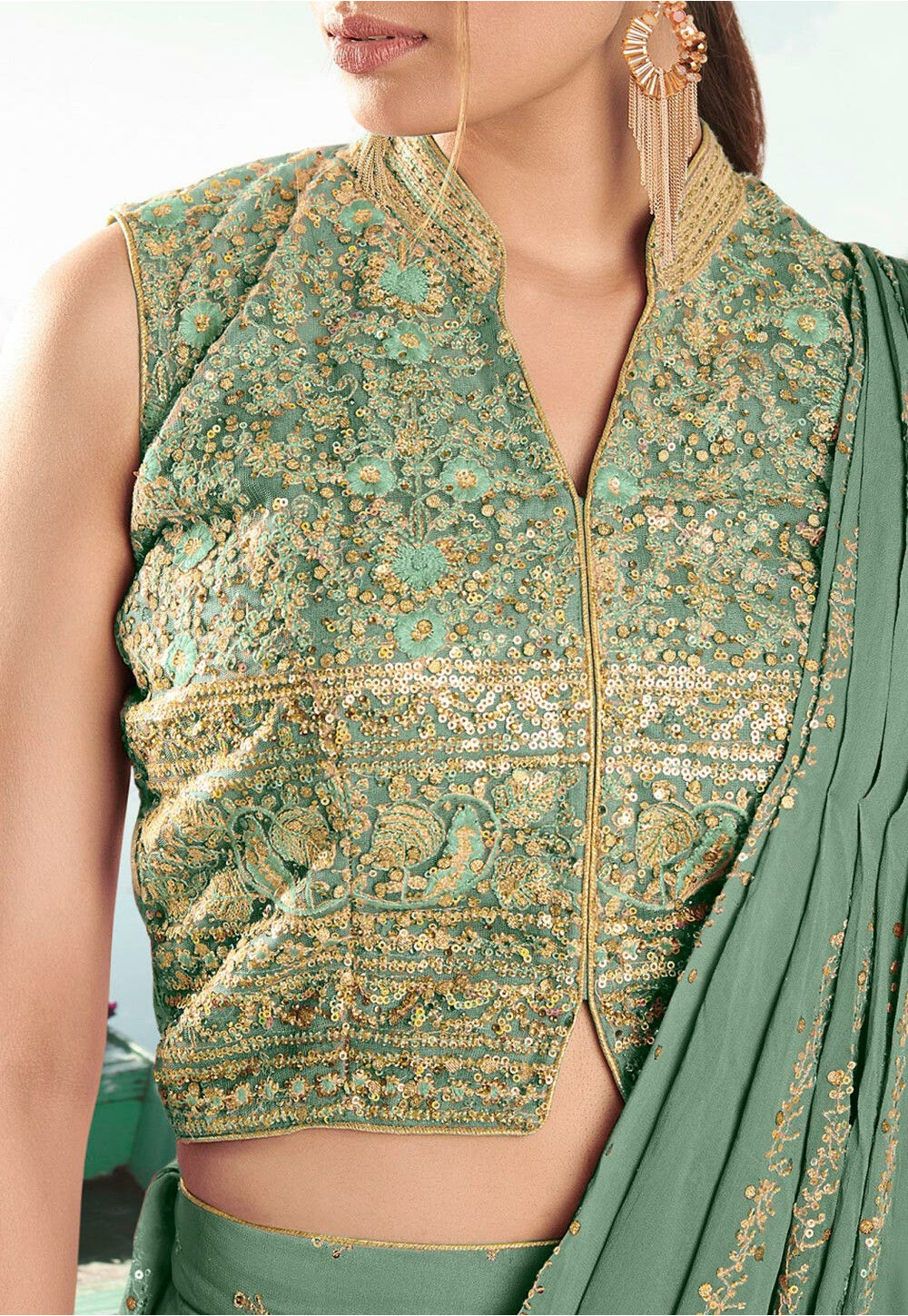Georgette Crop Top Pallazo Set with Mirror Embroidered Net Shrug & Floral motifs