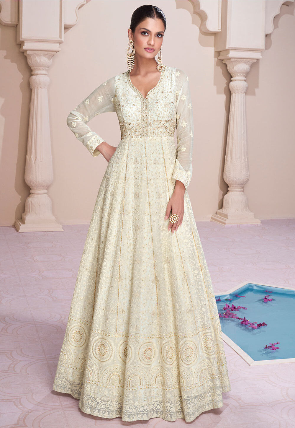 Buy Embroidered Georgette Flared Gown in Off White Online TCH296 Utsav Fashion
