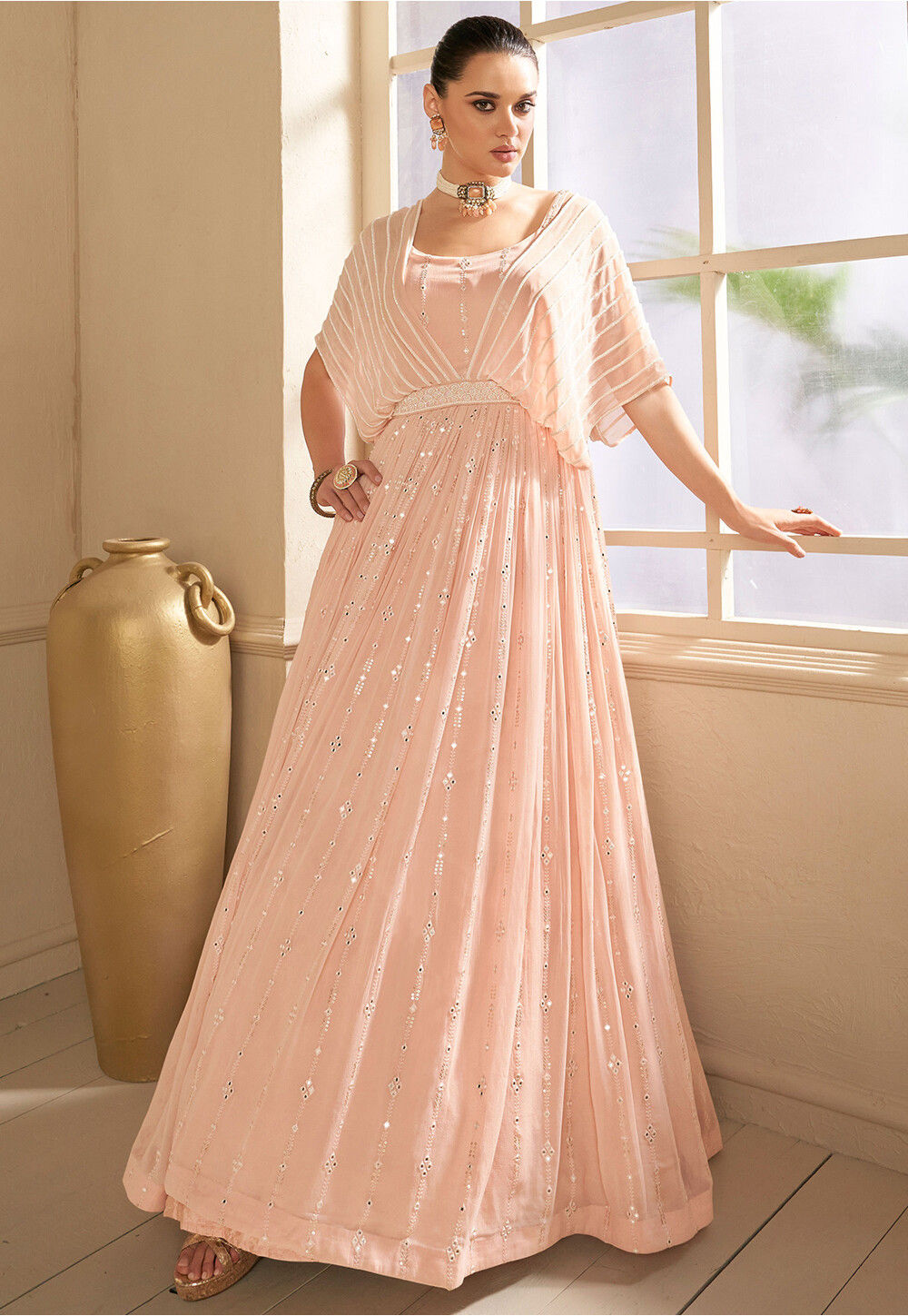 Peach Georgette Printed  With Embroidery Flared Dress