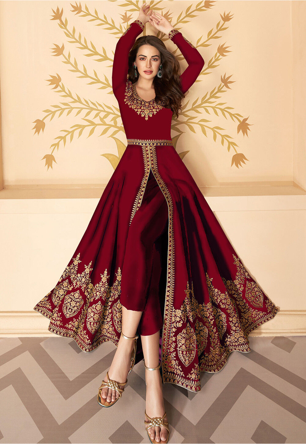 Buy Embroidered Georgette Front Open Anarkali Suit in Maroon