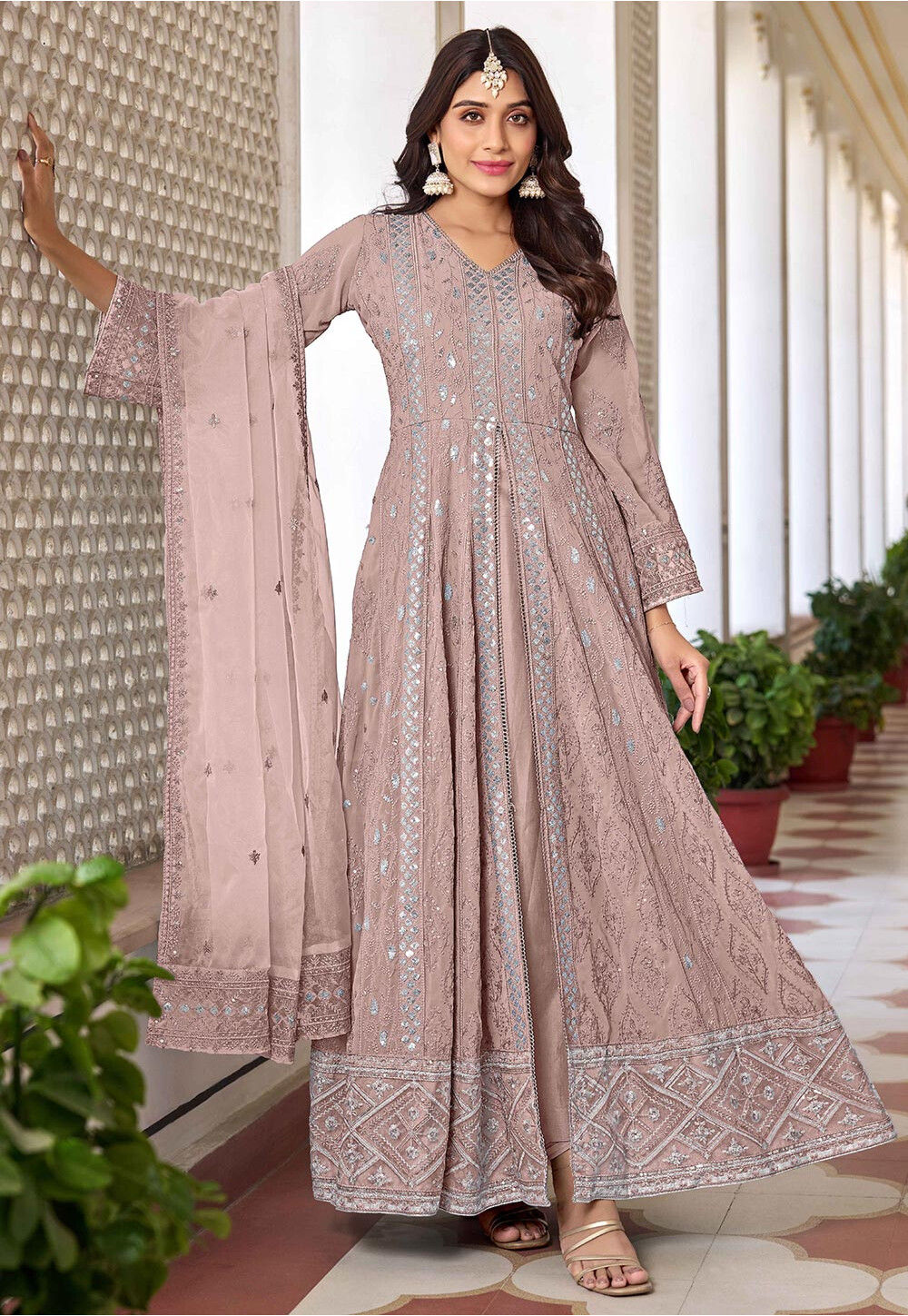 Embroidered Georgette Front Slit Abaya Style Suit in Dusty Peach