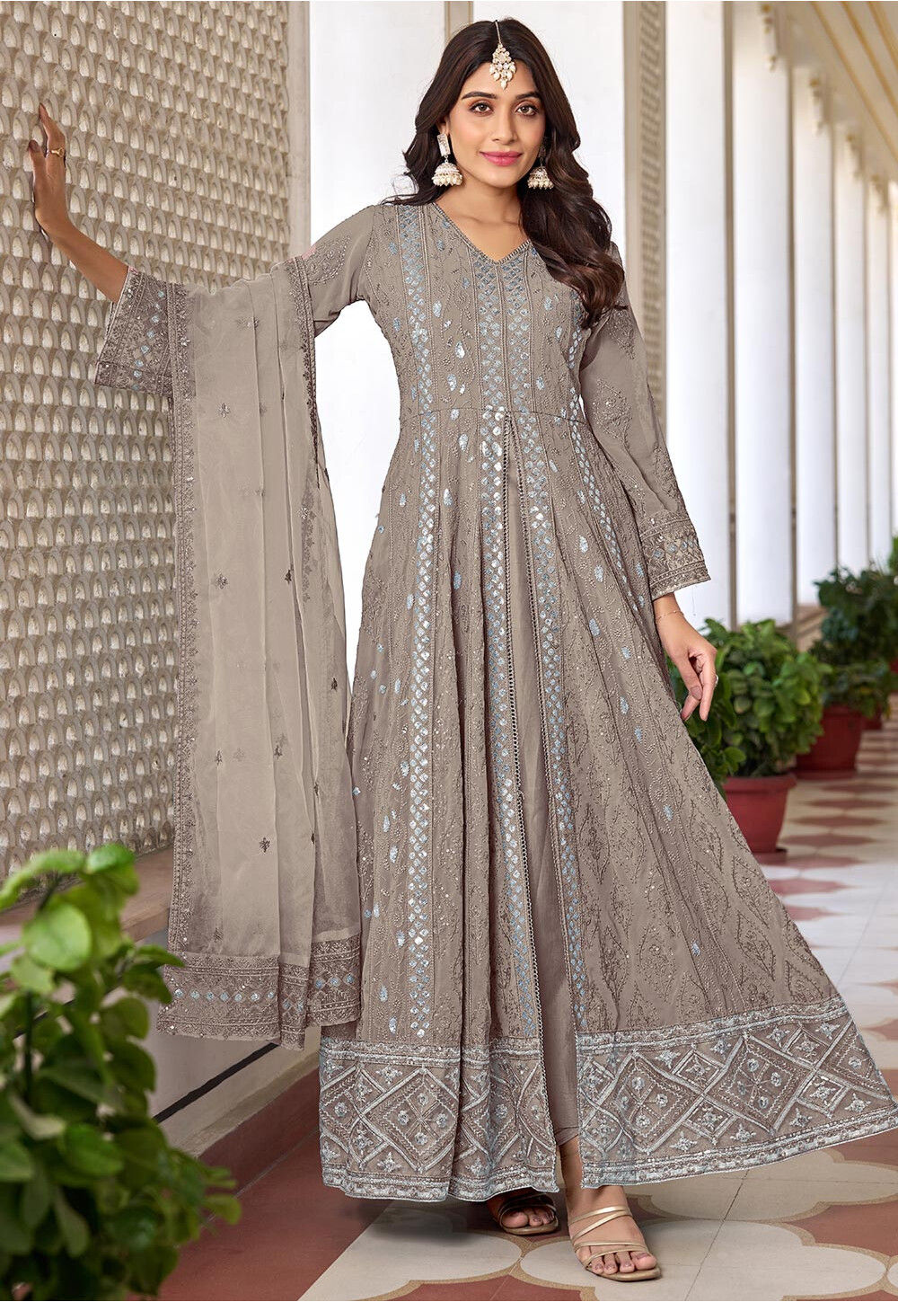 Buy Embroidered Georgette Front Slit Abaya Style Suit in Dusty Peach Online KCH12401 Utsav Fashion