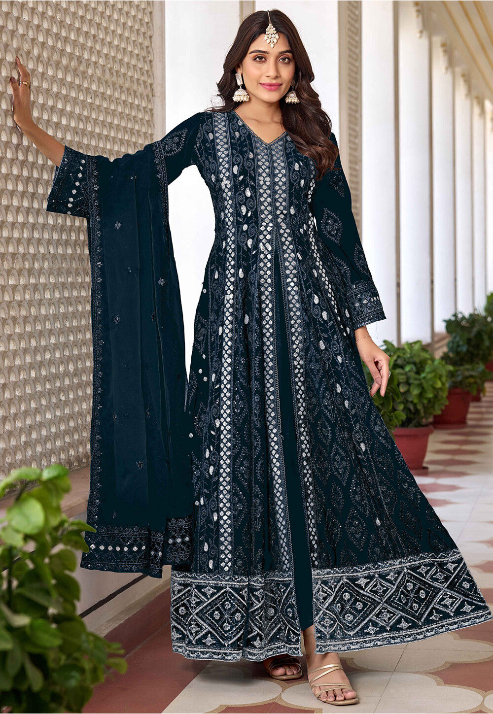 Embroidered Georgette Front Slit Abaya Style Suit in Teal Blue