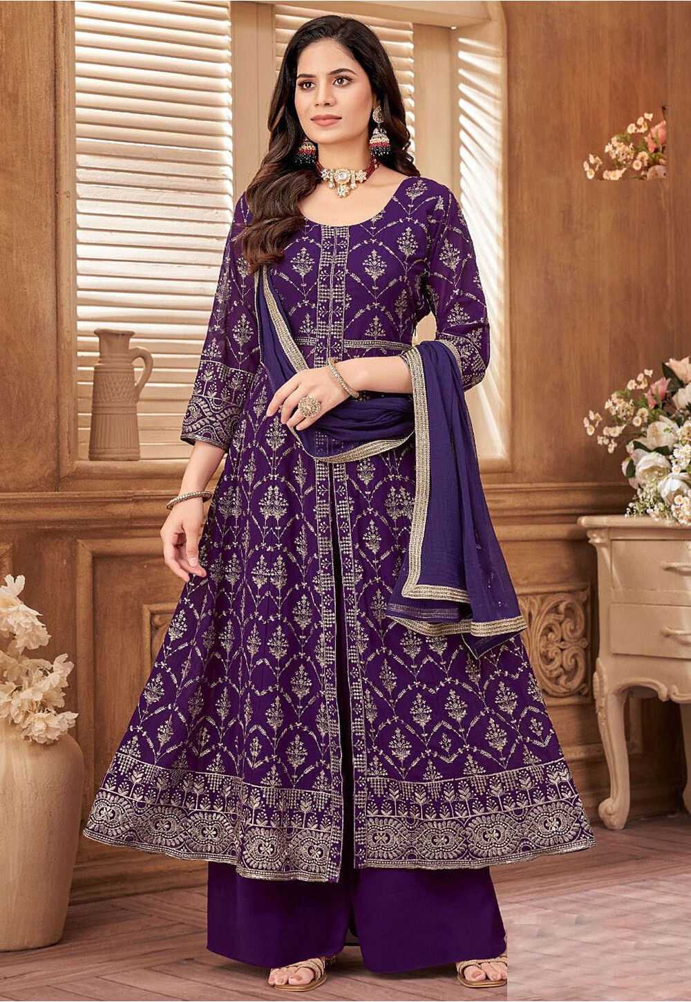 Red Embroidered Slit Georgette Skirt Style Anakali Suit