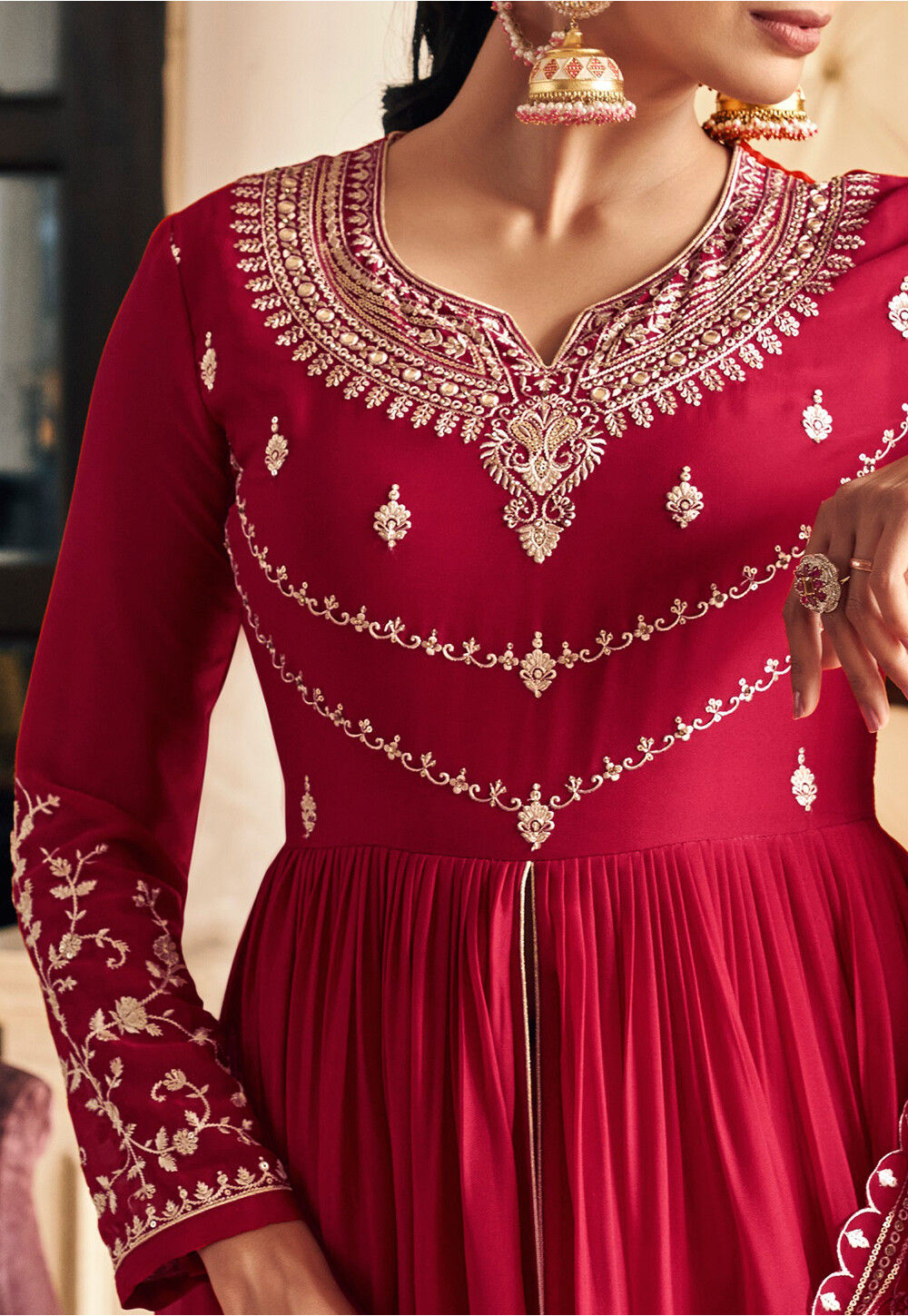 Embroidered Georgette Front Slitted Abaya Style Suit in Fuchsia : KCH8768