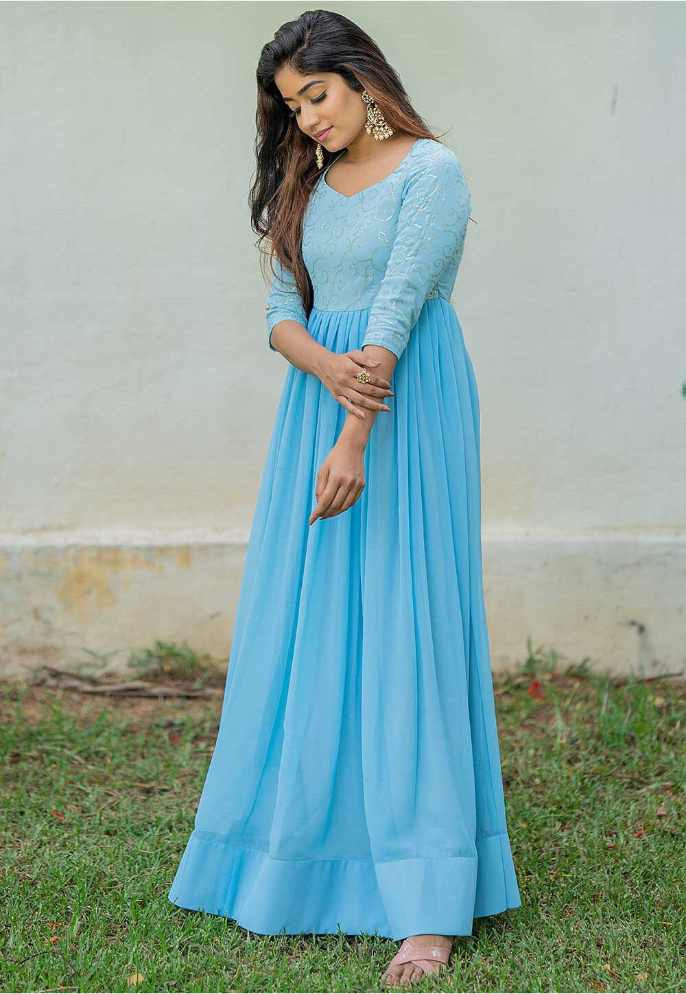 Embroidered Georgette Gown in Blue