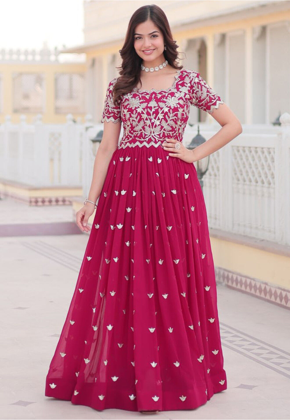 Pink georgette gown clearance