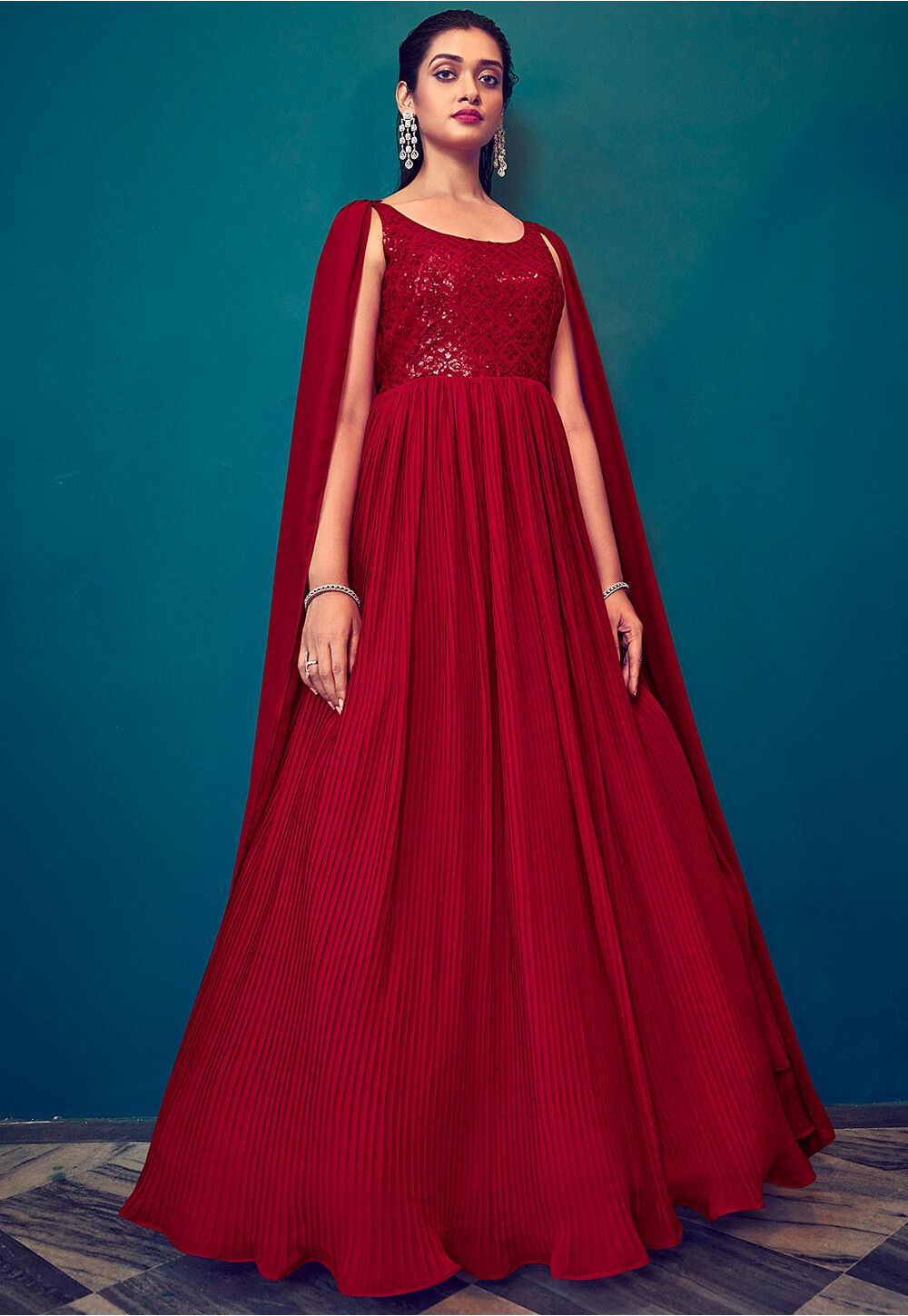 Talking Threads Oxblood Red Strapless Georgette Gown with Embroidery