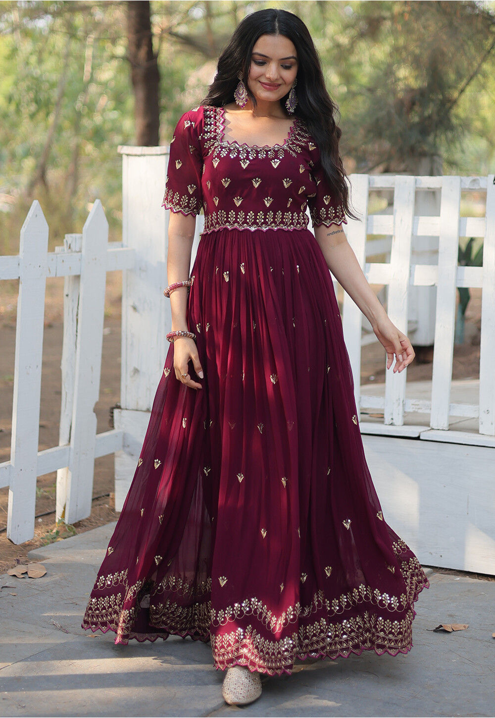 Partywear Wine Color Georgette Base Mirror Work Gown main image 1