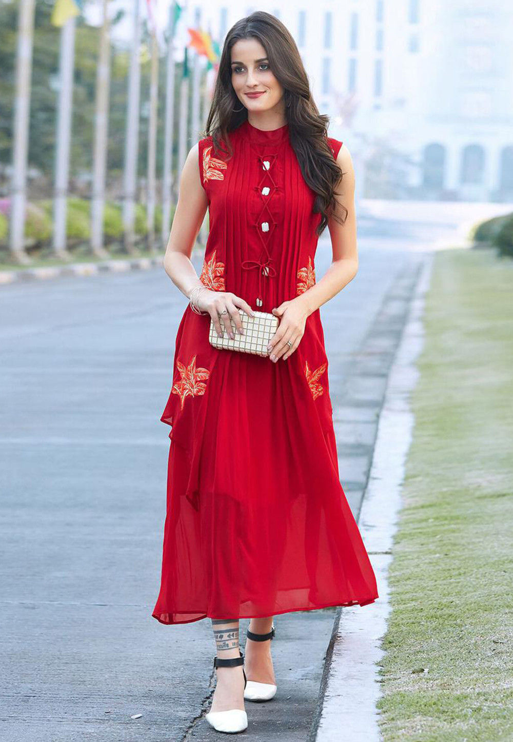 Embroidered Georgette Jacket Style Dress in Red
