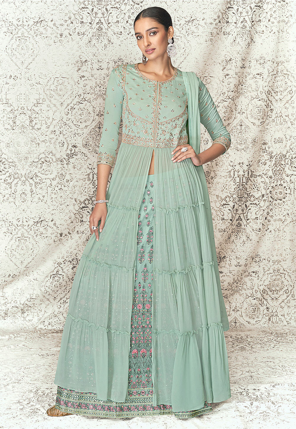 Embroidered Georgette Jacket Style Lehenga in Sea Green : LCC1627