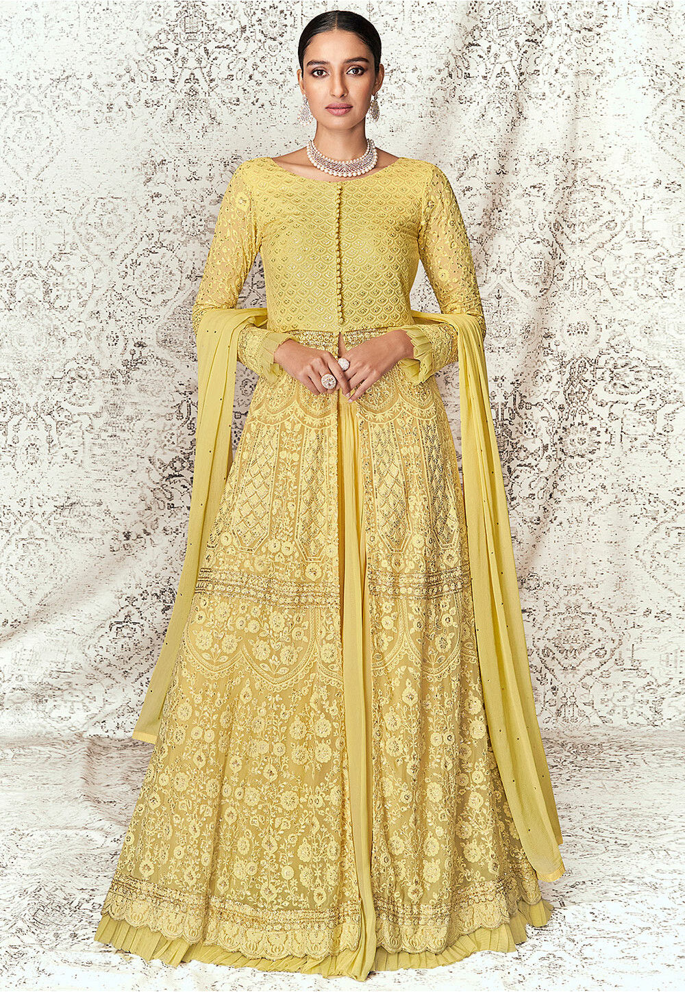 Embroidered Georgette Jacket Style Lehenga in Yellow : LCC1628
