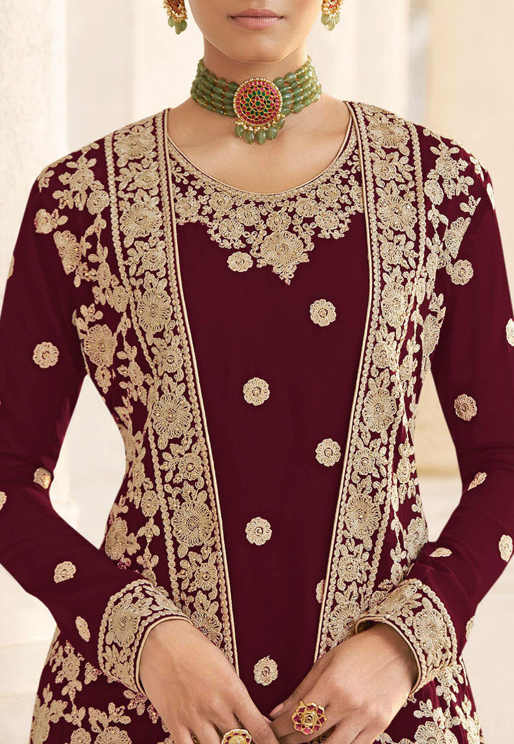 Embroidered Jacket Style Pakistani Suit in Maroon KCH6587
