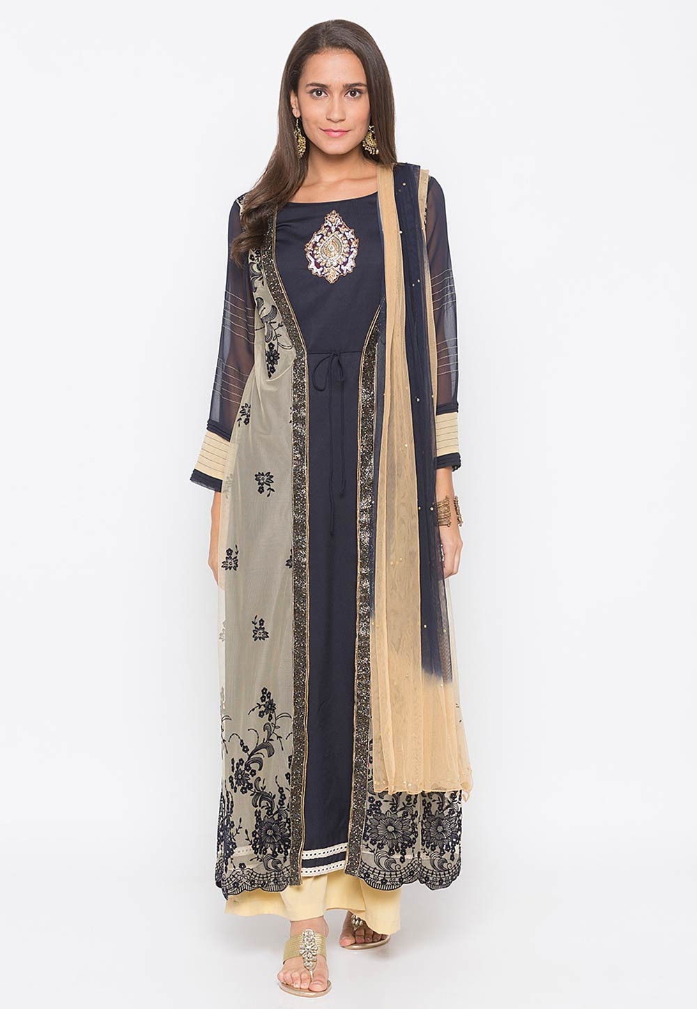 Buy Embroidered Georgette Jacket Style Pakistani Suit in Navy Blue ...