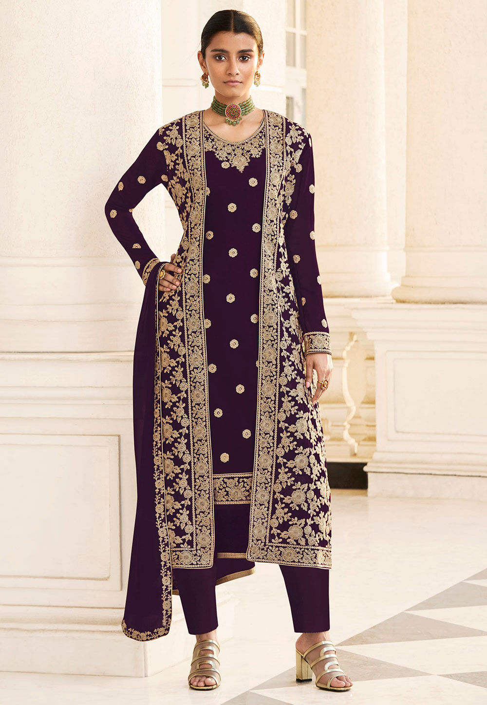 embroidered georgette jacket style pakistani suit in purple v1 kch6585