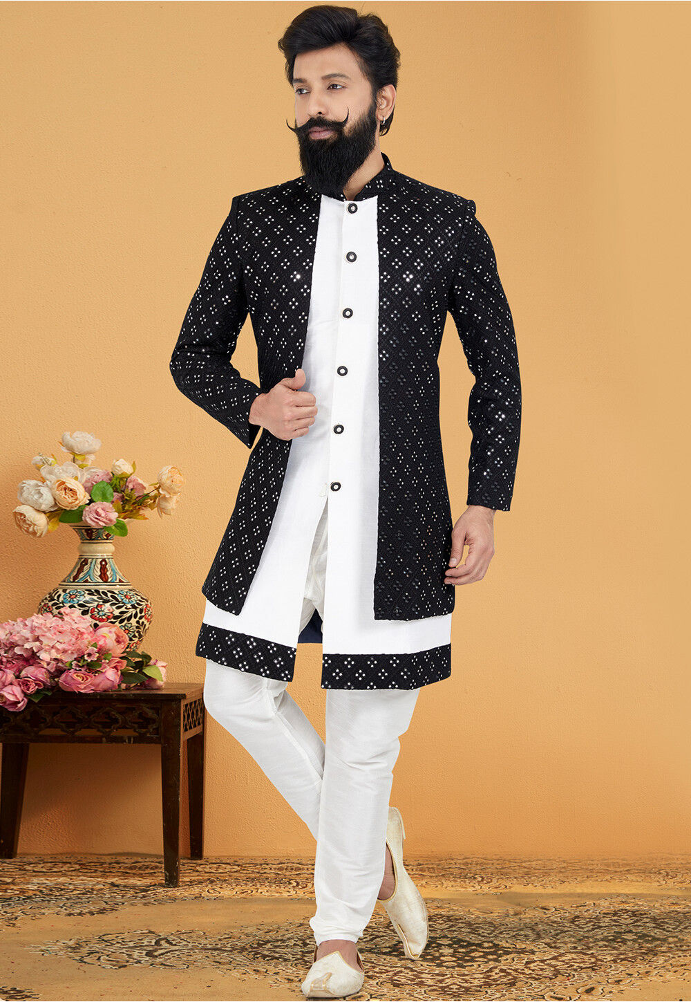 A unique combination of pathani styled with churidar. | Dress suits for  men, Latest kurta designs, Kurta pajama men