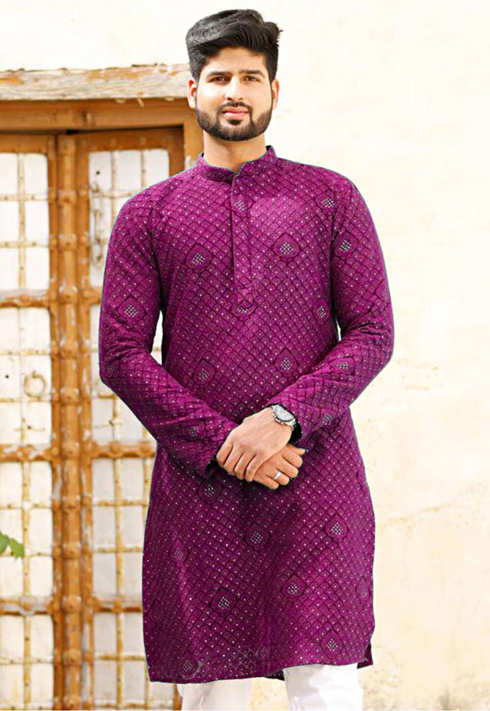 Embroidered Georgette Kurta in Magenta