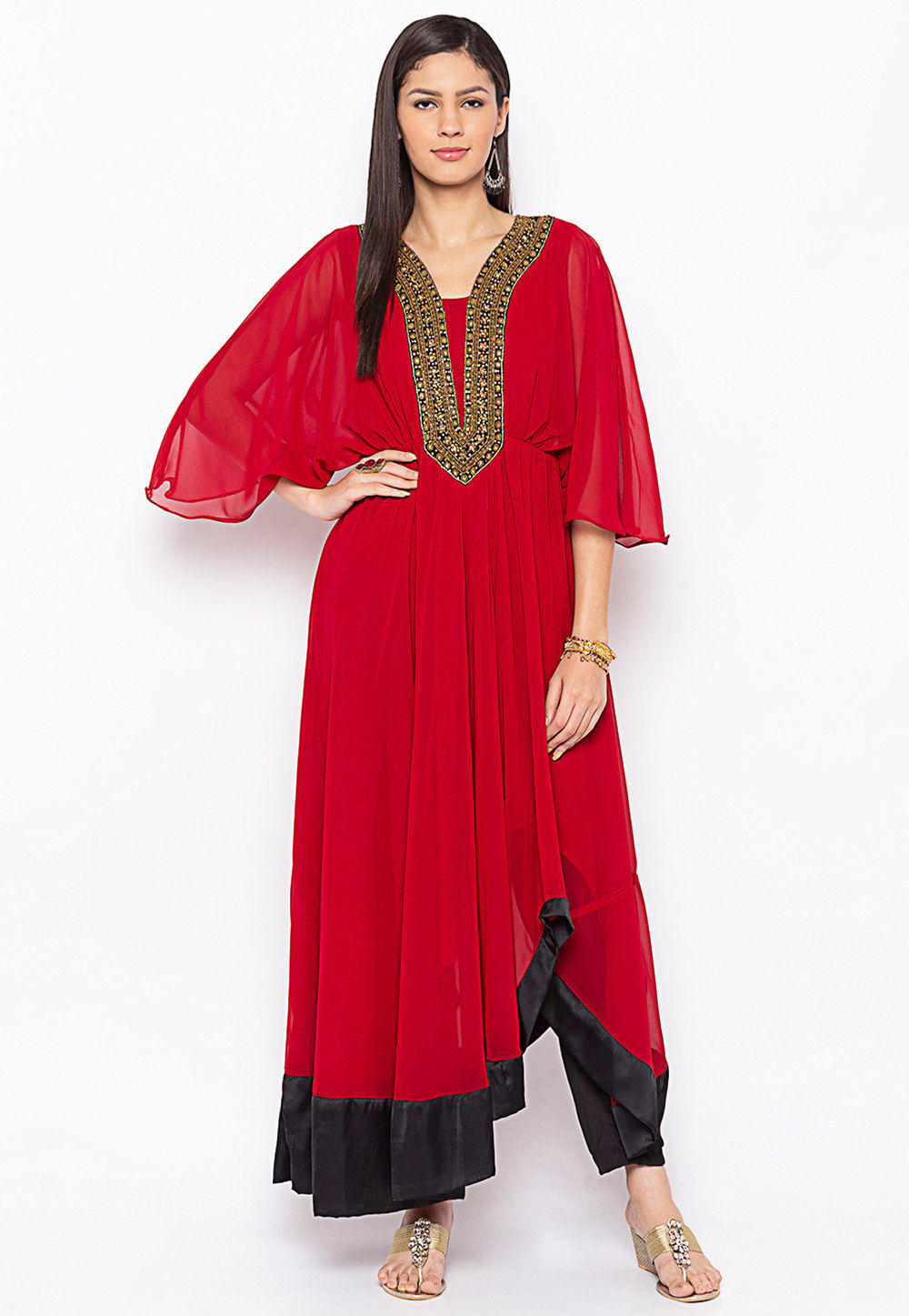 Women Maroon Faux Georgette Designer Embroidery Work Kurta Set With Dupatta